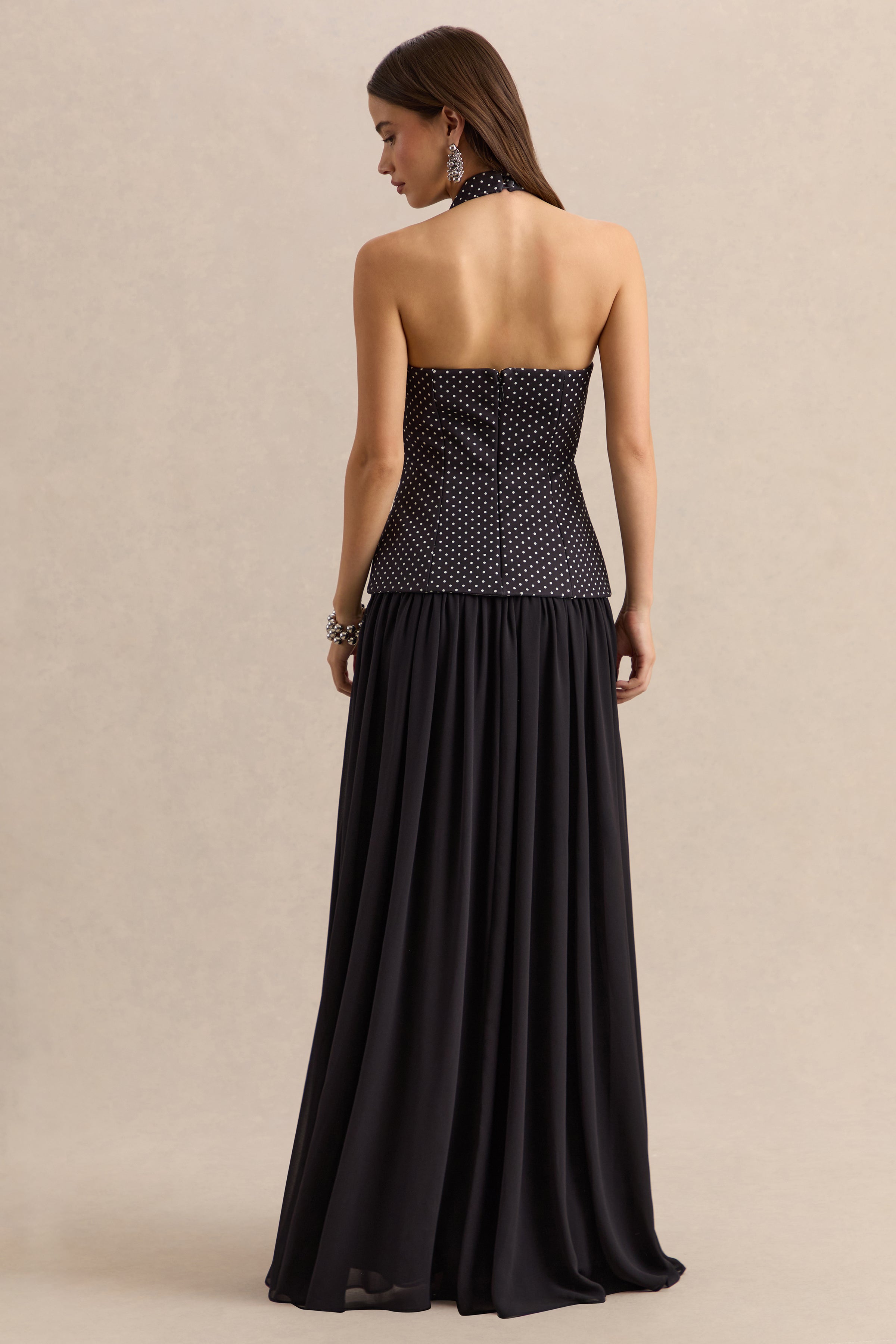 Zarina | Black & White Polka-Dot Plunge-Neck Maxi Dress