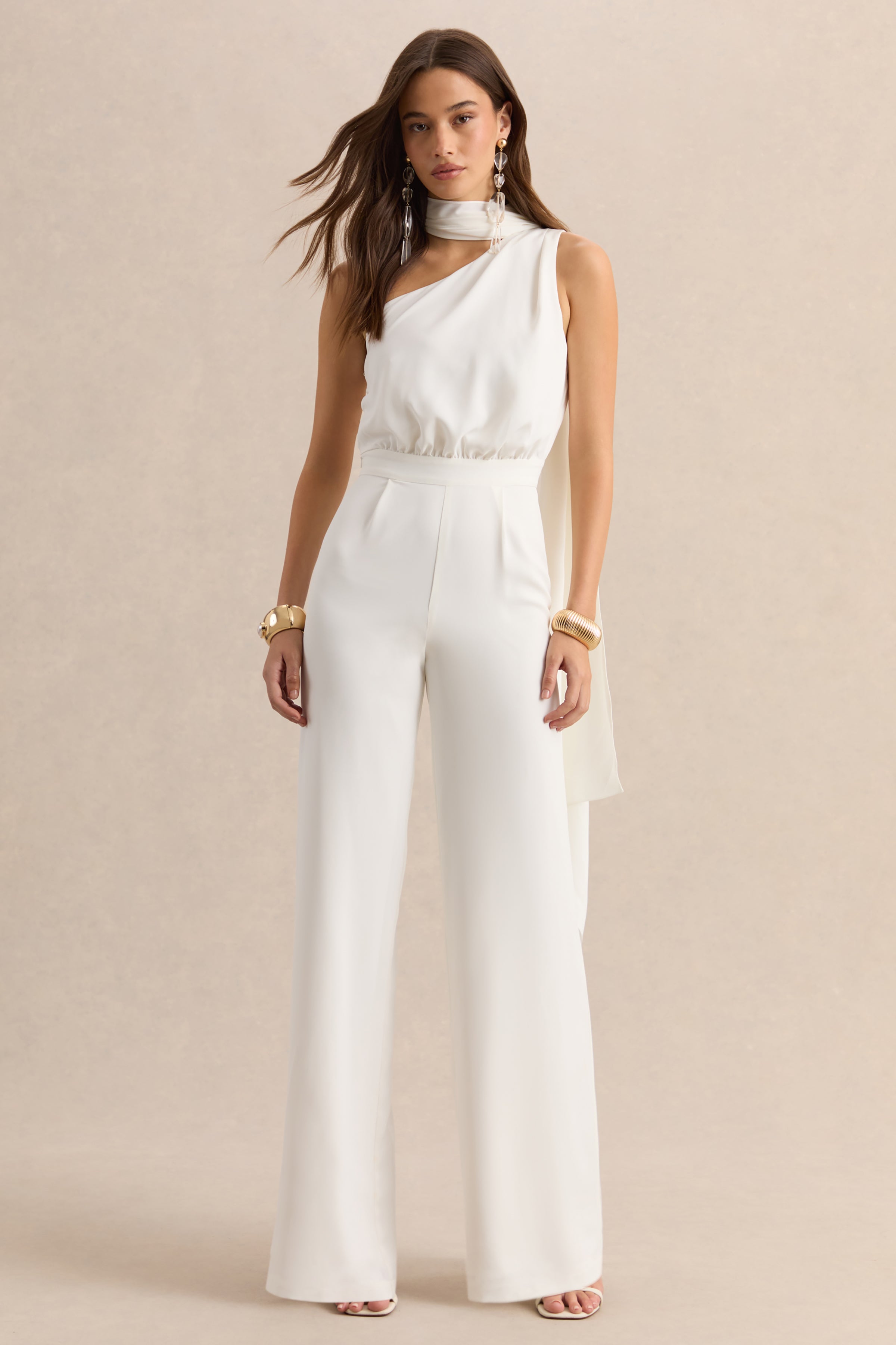 Gliselle | White Asymmetric-Neck Jumpsuit With Scarf-Detail