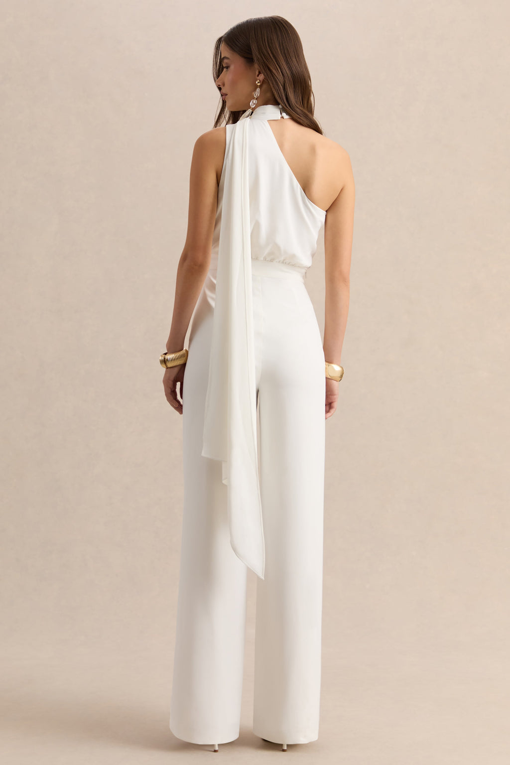 Gliselle | White Asymmetric-Neck Jumpsuit With Scarf-Detail