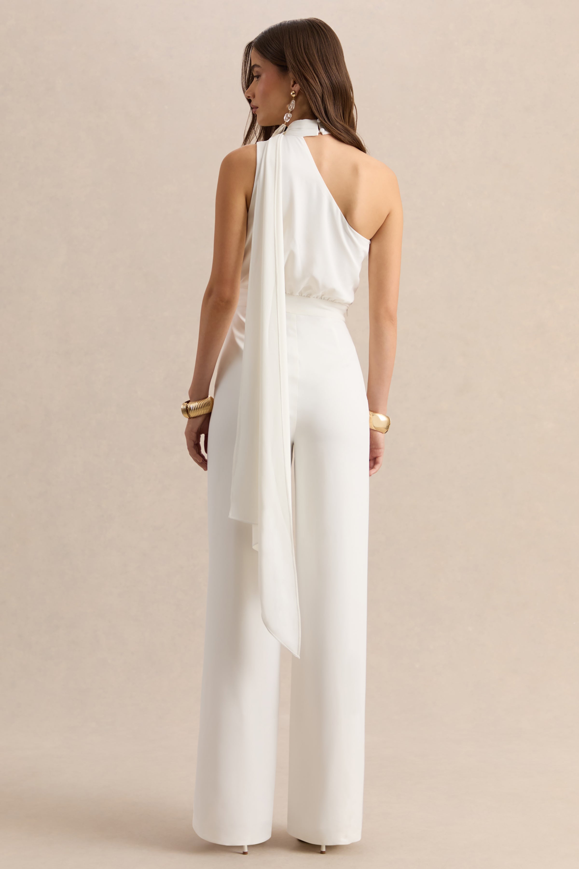 Gliselle | White Asymmetric-Neck Jumpsuit With Scarf-Detail