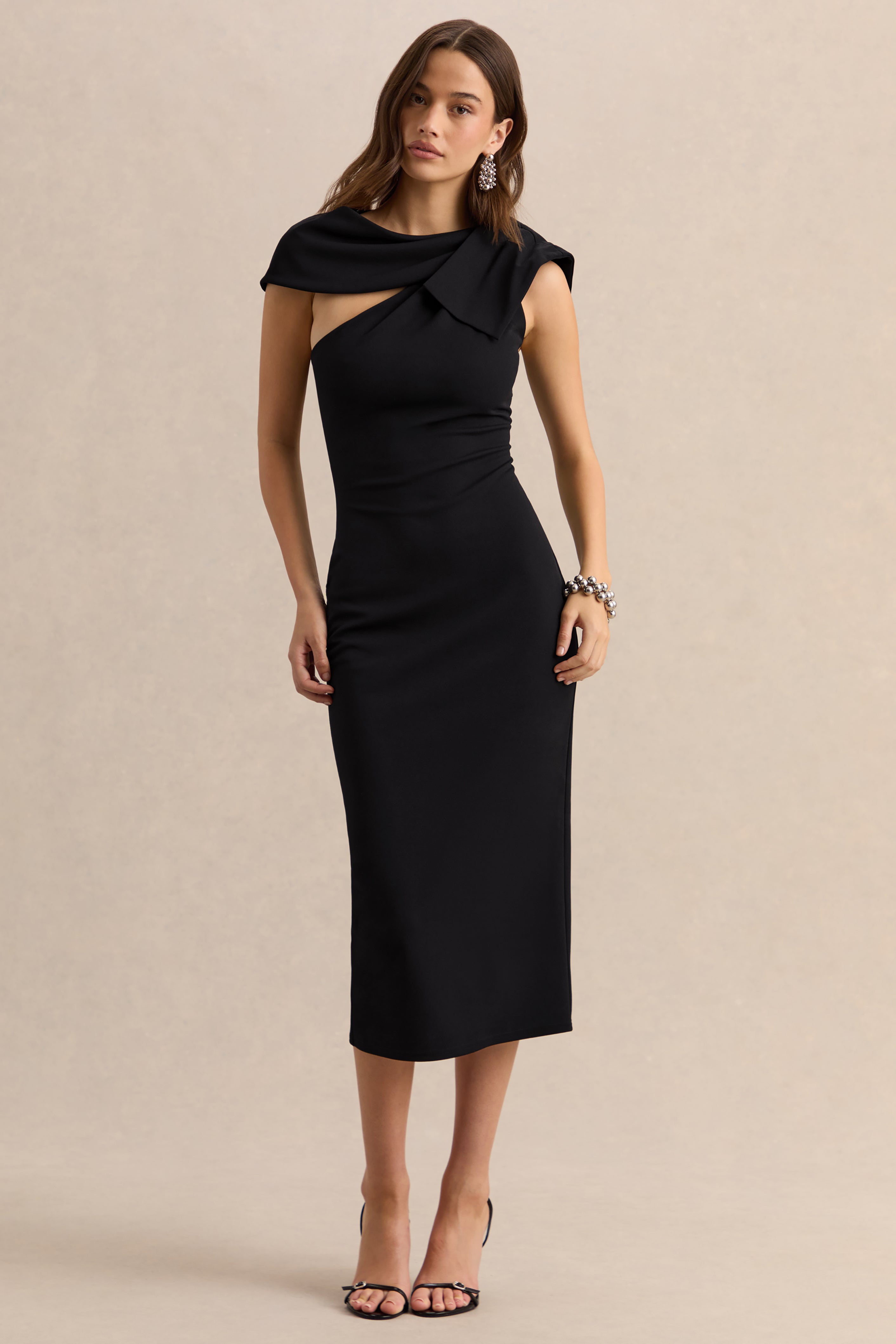 Clarina | Black Asymmetric-Neck Midi Dress With Bow-Detail