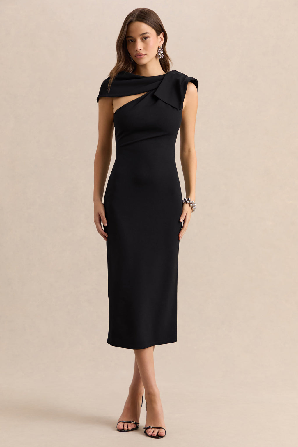 Clarina | Black Asymmetric-Neck Midi Dress With Bow-Detail
