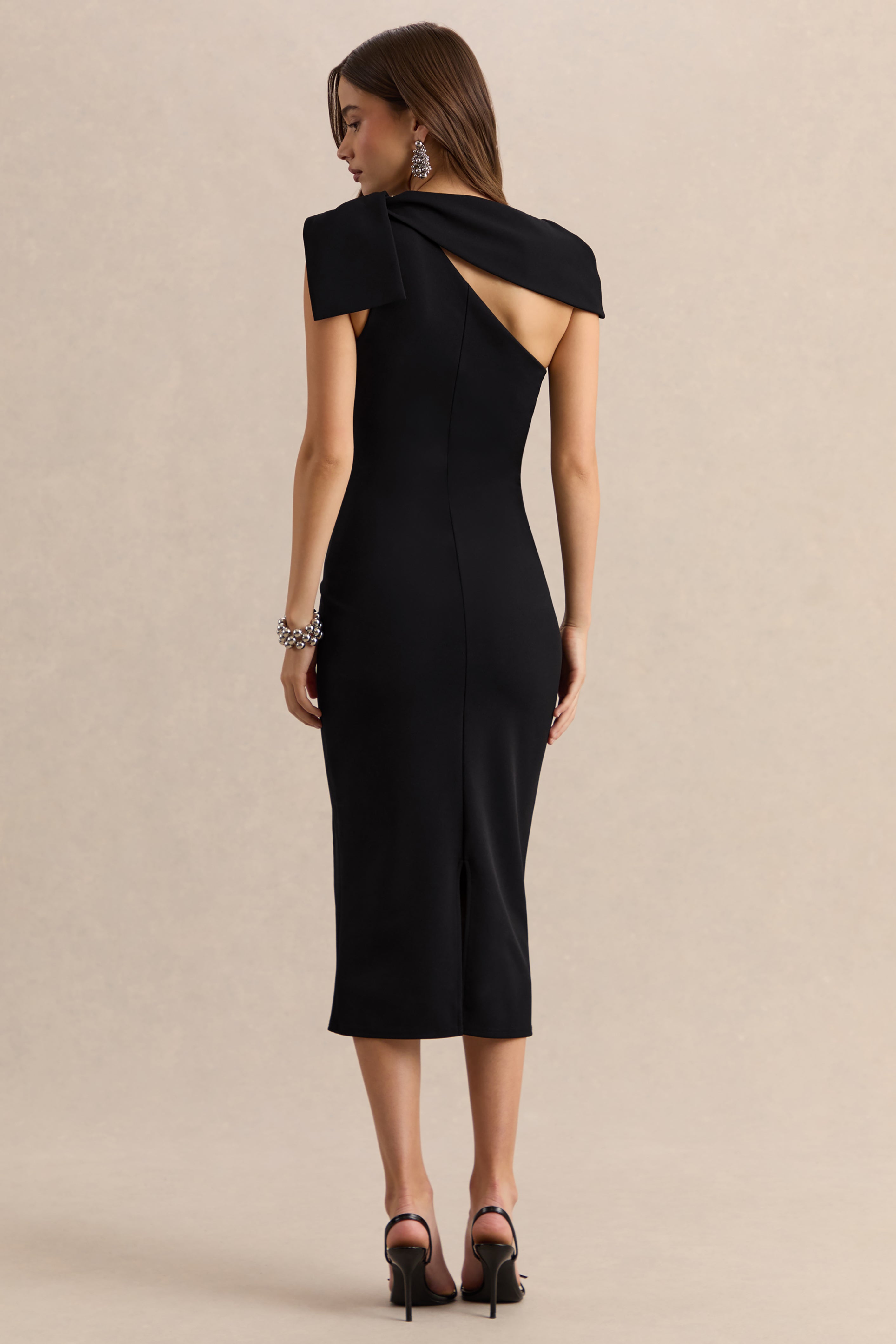 Clarina | Black Asymmetric-Neck Midi Dress With Bow-Detail