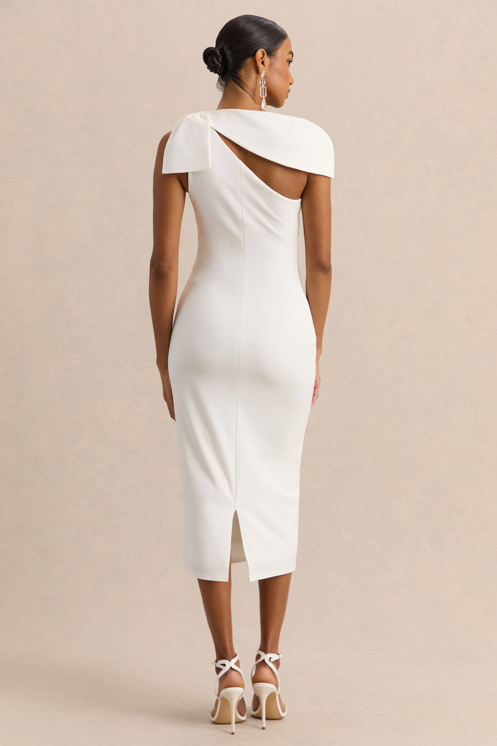 Clarina | White Asymmetric-Neck Midi Dress With Bow-Detail