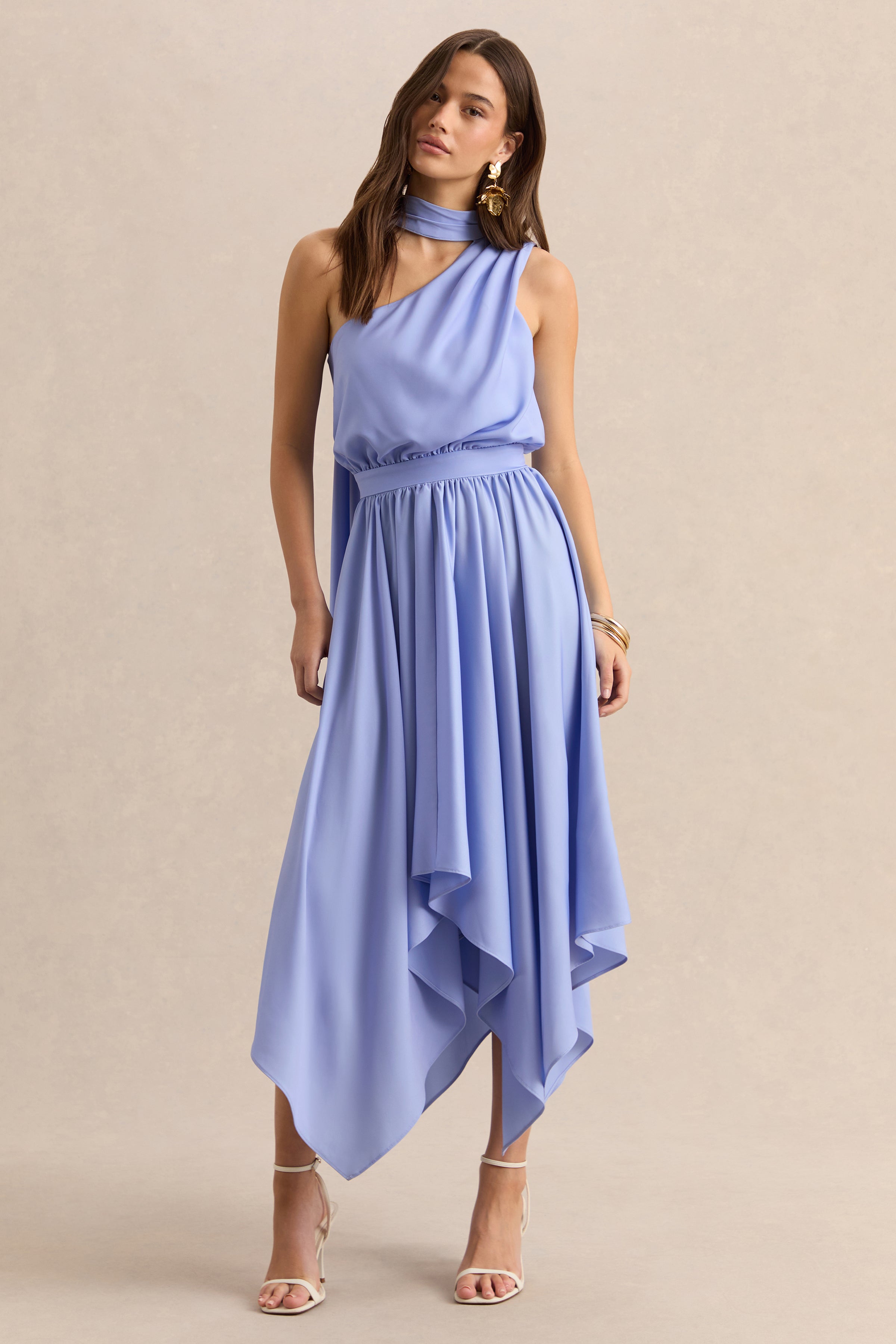 Caluna | Powder Blue Satin Asymmetric-Neck Midi Dress With Scarf-Detail