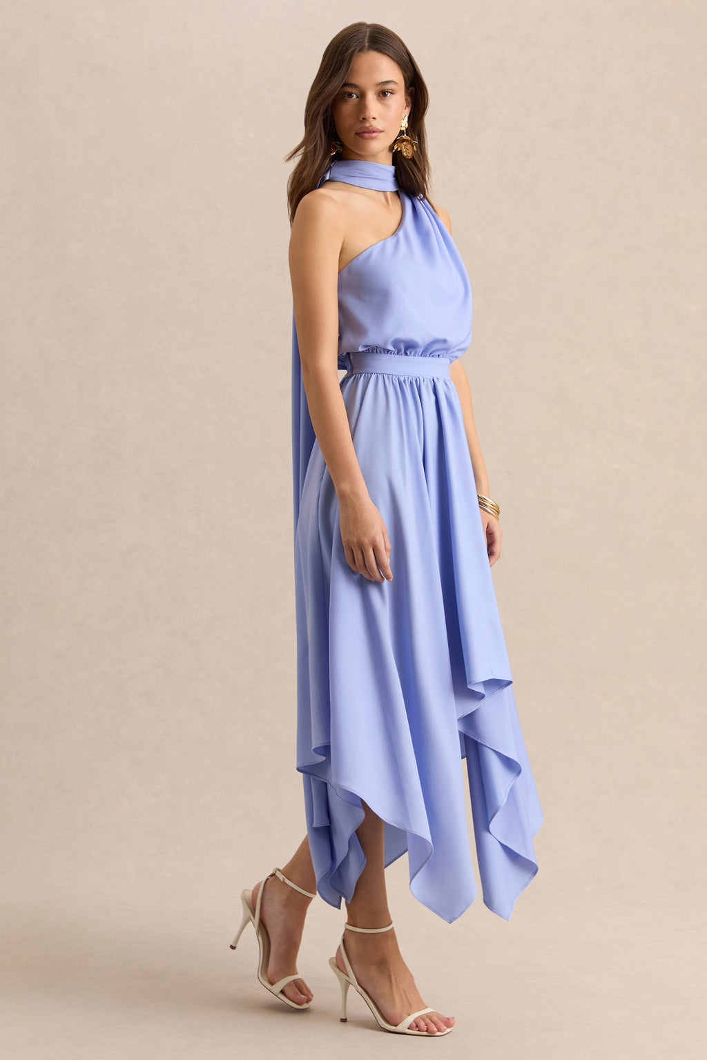Caluna | Powder Blue Satin Asymmetric-Neck Midi Dress With Scarf-Detail