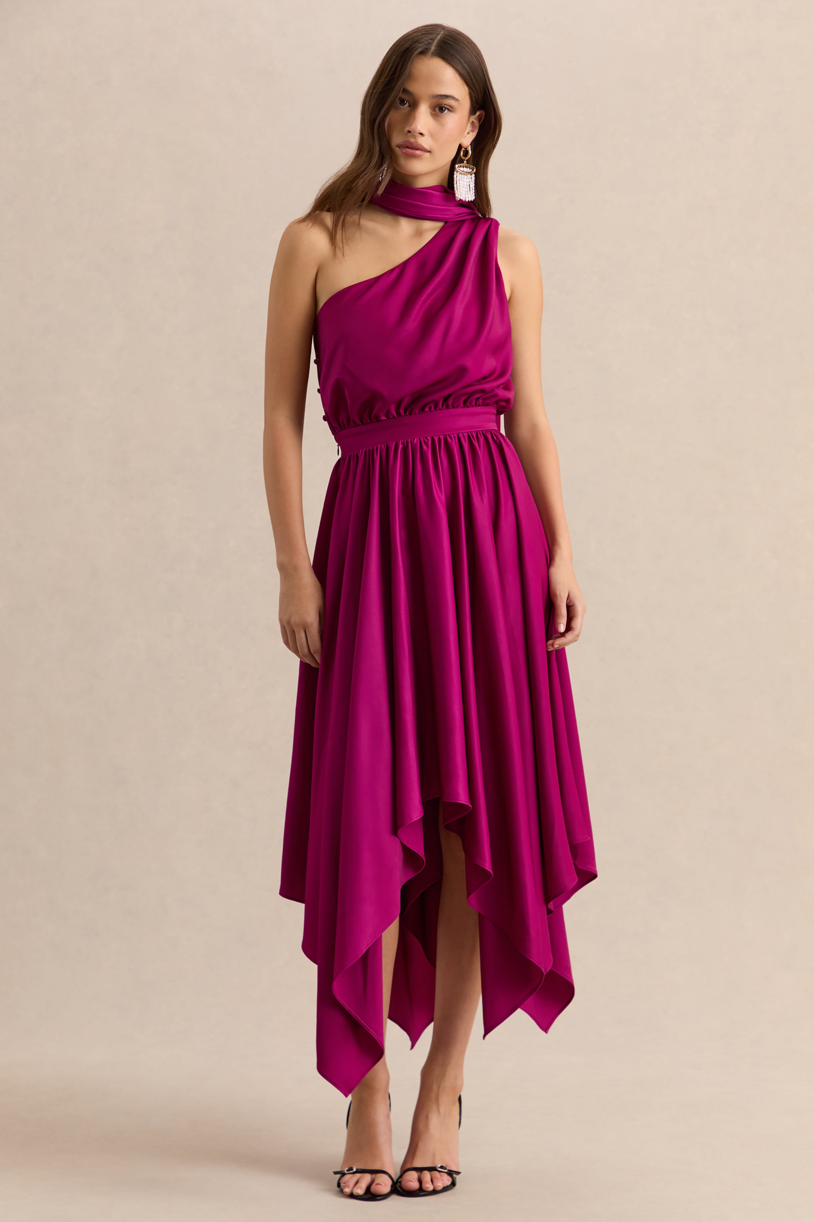 Caluna | Hot Pink Satin Asymmetric-Neck Midi Dress With Scarf-Detail