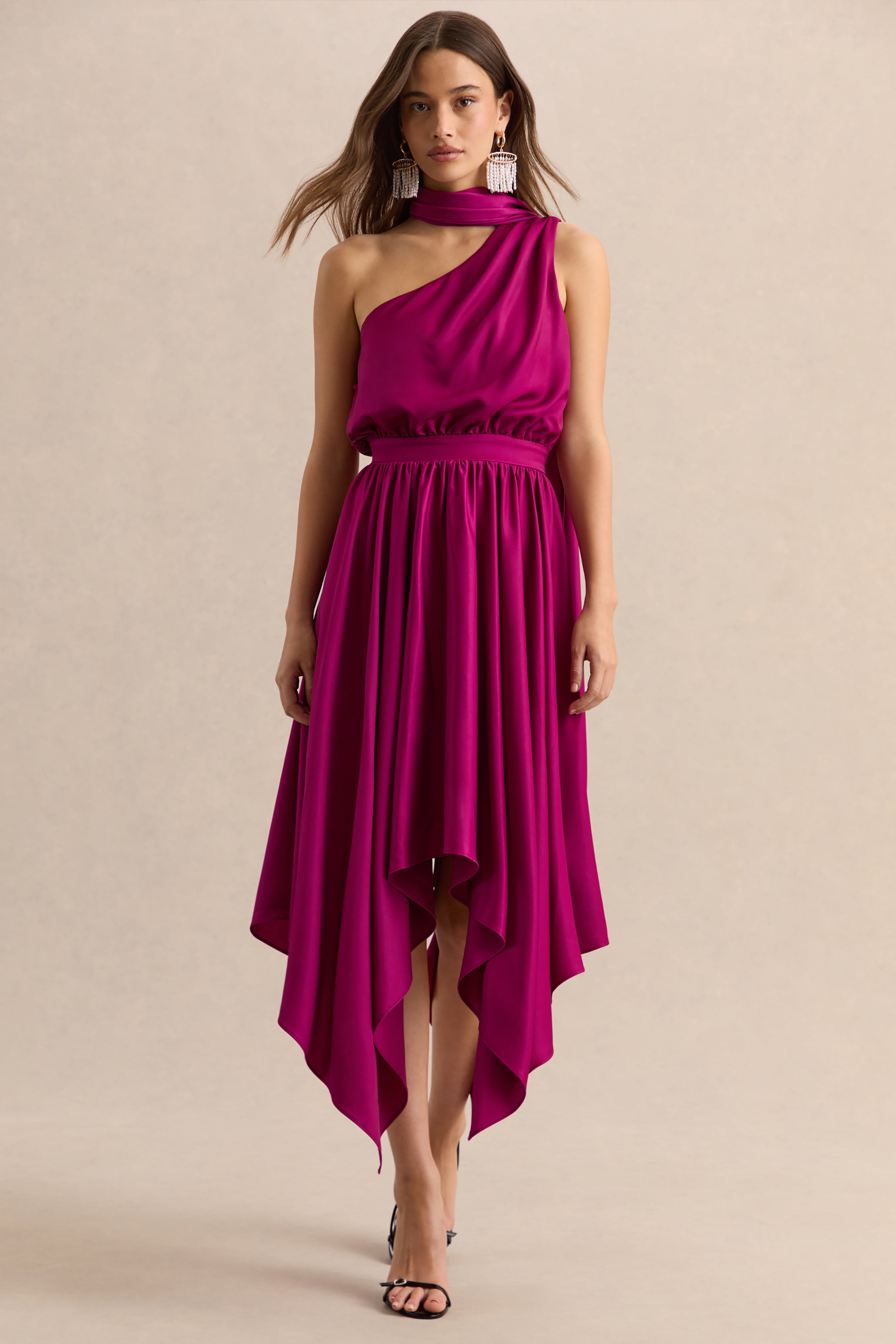 Caluna | Hot Pink Satin Asymmetric-Neck Midi Dress With Scarf-Detail
