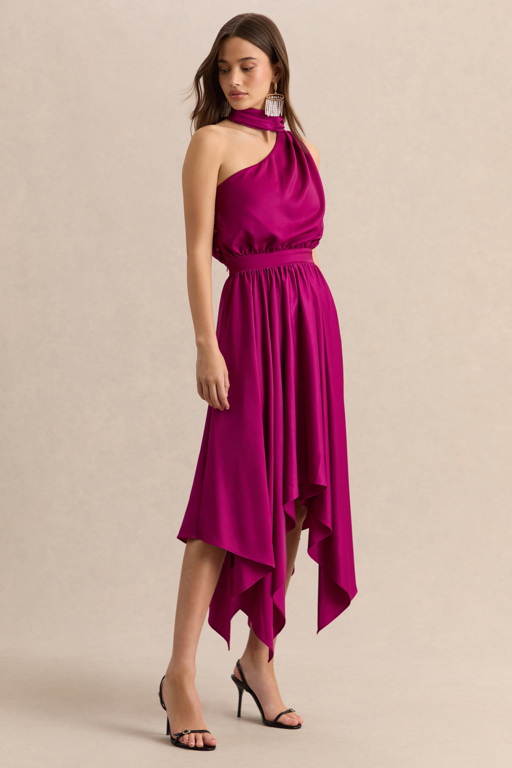 Caluna | Hot Pink Satin Asymmetric-Neck Midi Dress With Scarf-Detail
