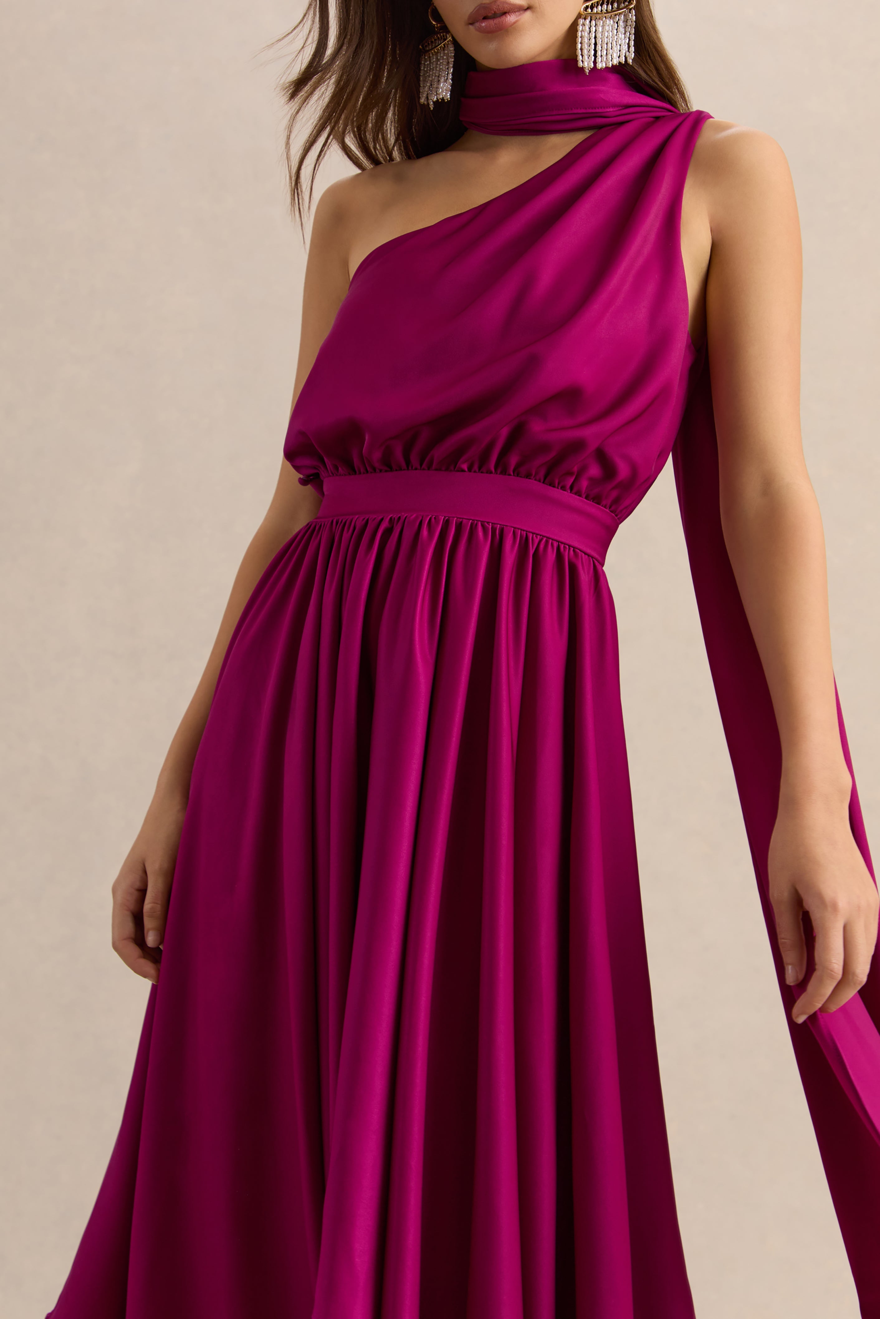 Caluna | Hot Pink Satin Asymmetric-Neck Midi Dress With Scarf-Detail