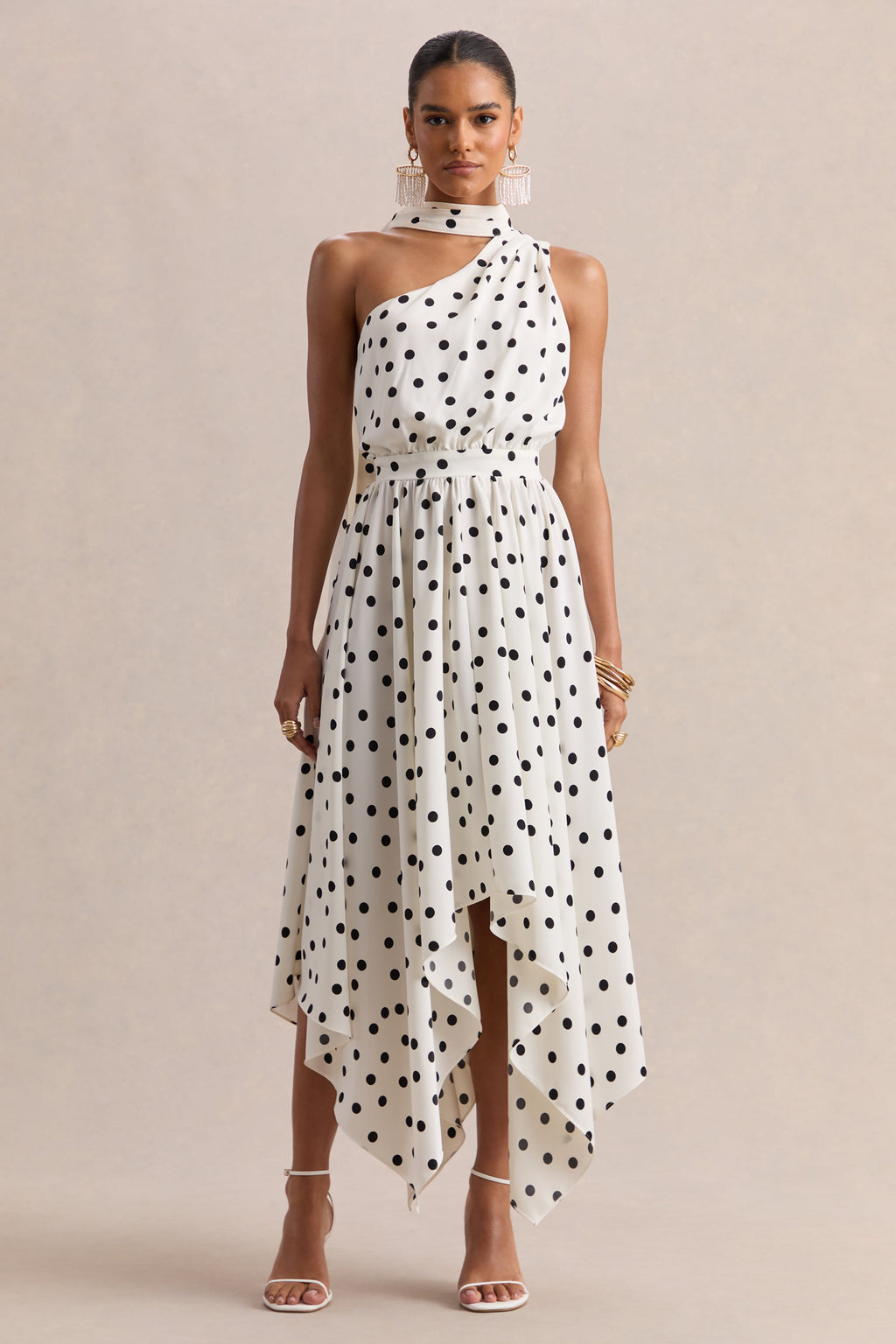 Caluna | White And Black Polka Dot Satin Asymmetric-Neck Midi Dress With Scarf-Detail