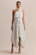 Caluna | White And Black Polka Dot Satin Asymmetric-Neck Midi Dress With Scarf-Detail