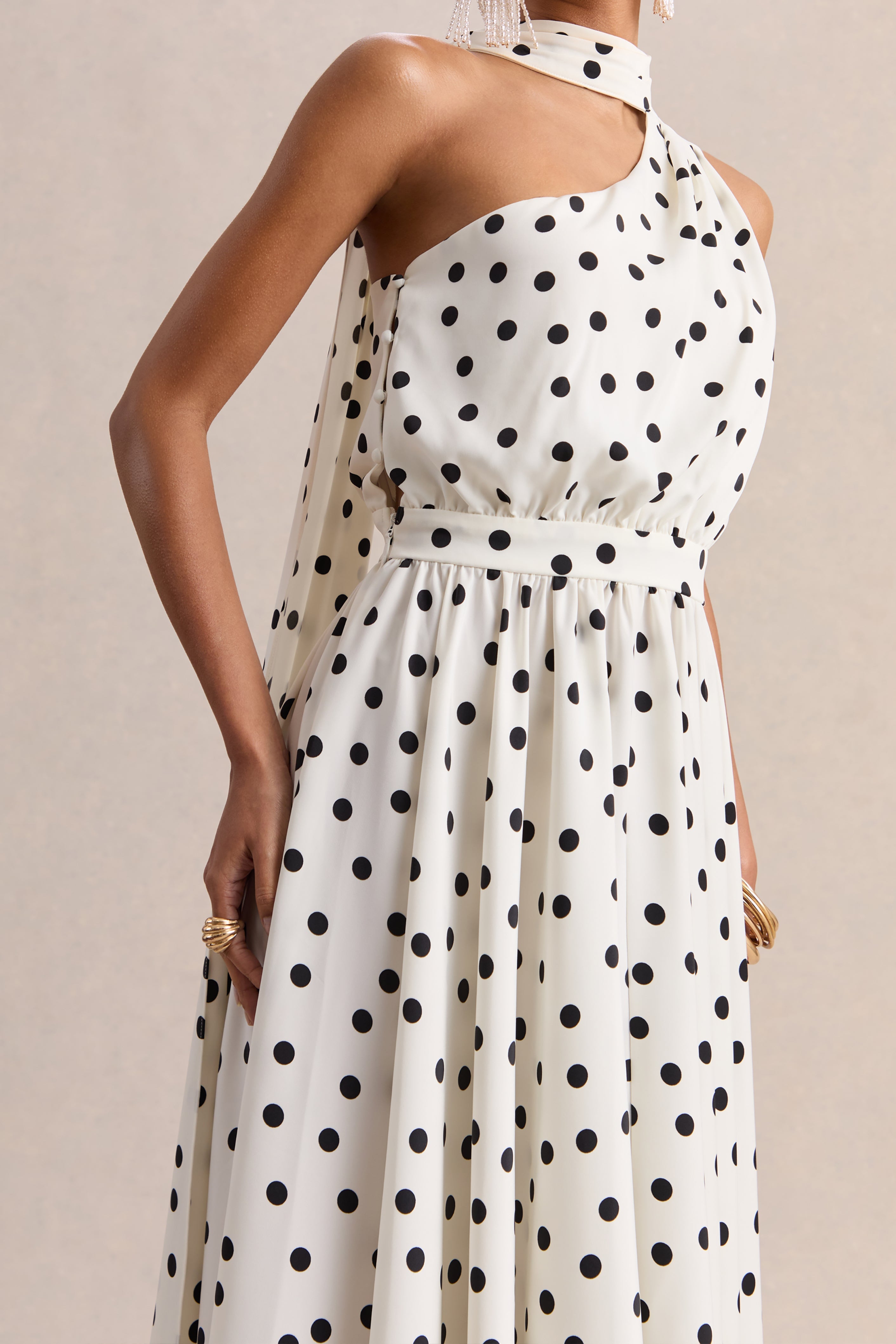 Caluna | White And Black Polka Dot Satin Asymmetric-Neck Midi Dress With Scarf-Detail