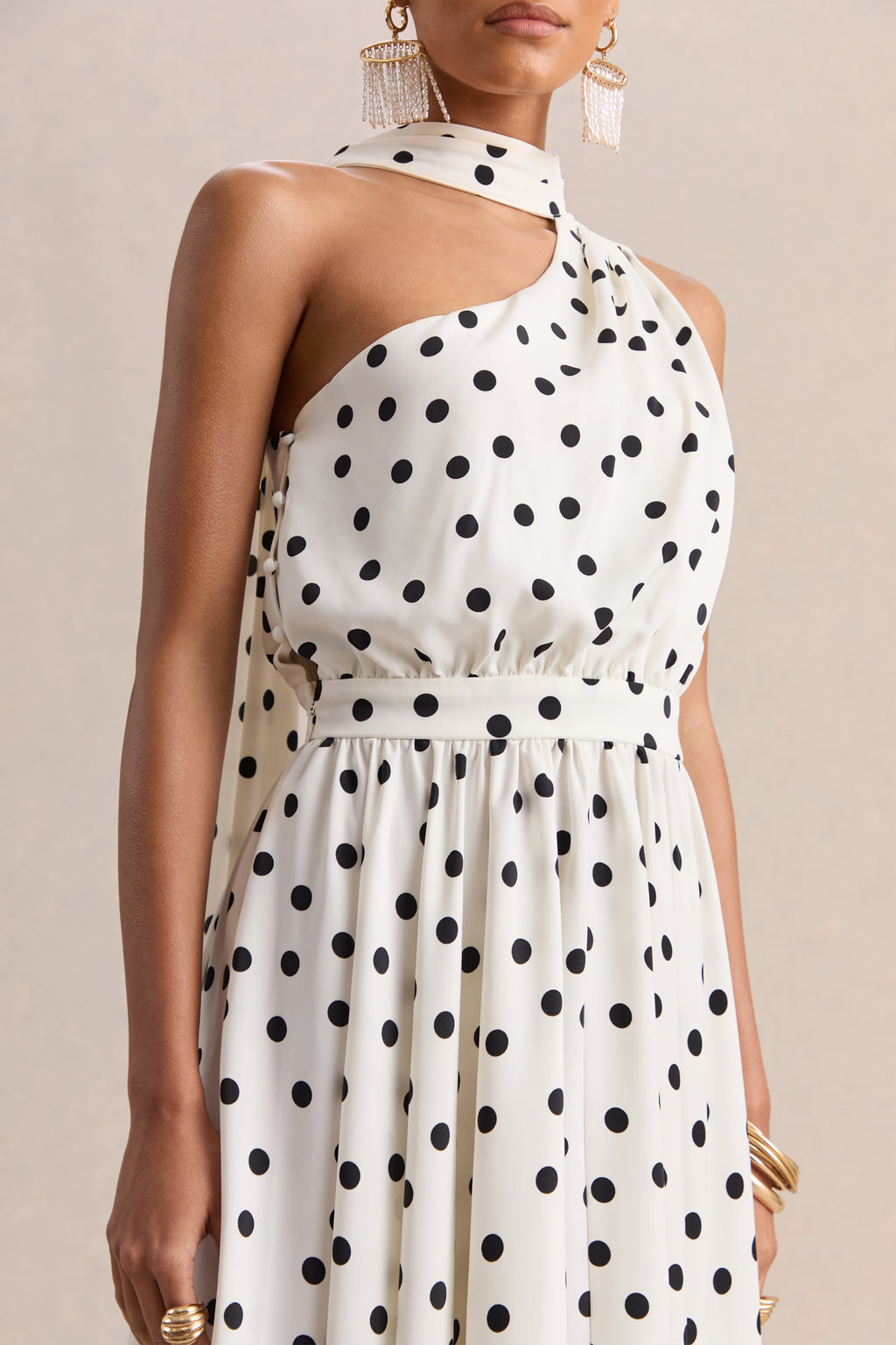 Caluna | White And Black Polka Dot Satin Asymmetric-Neck Midi Dress With Scarf-Detail
