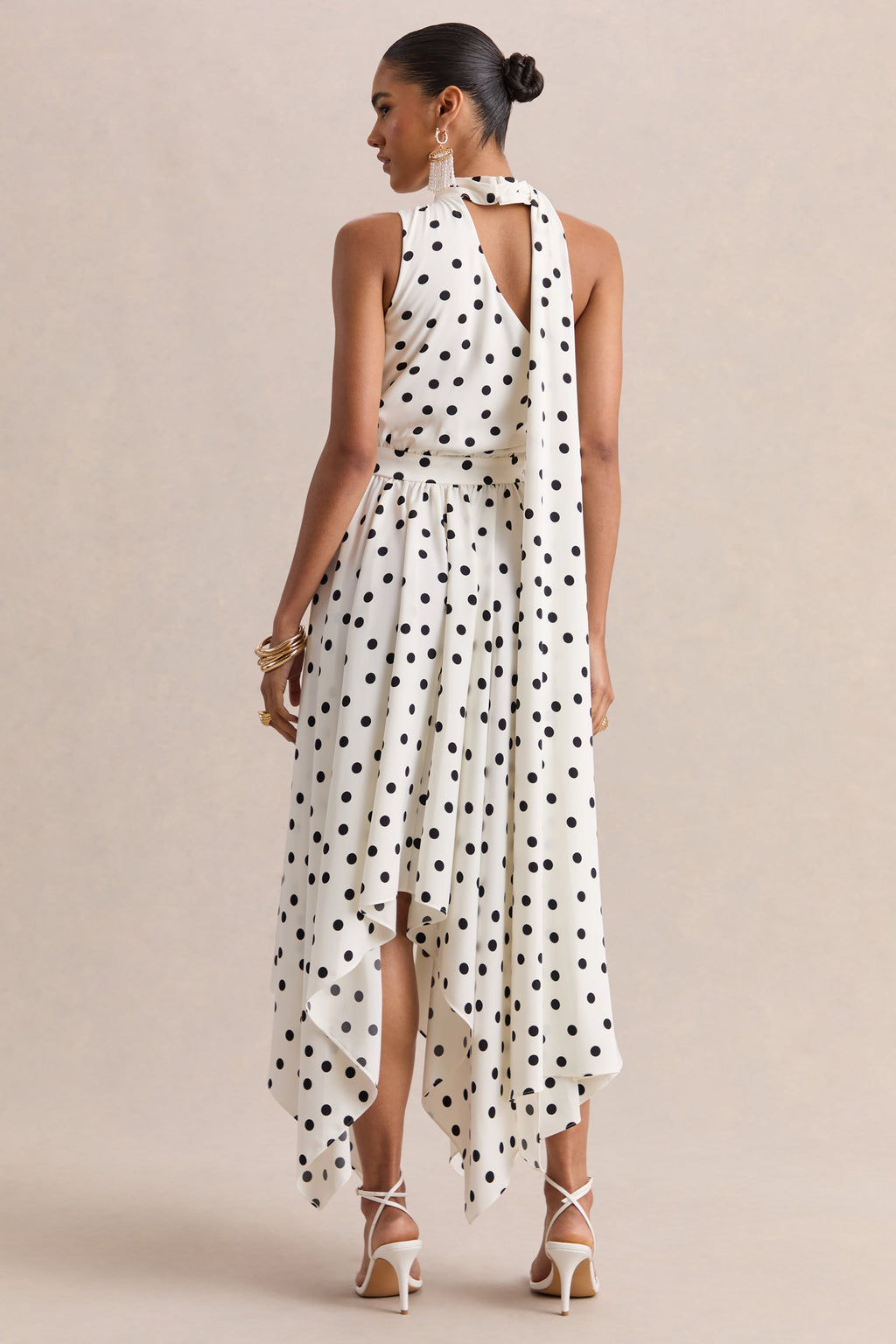 Caluna | White And Black Polka Dot Satin Asymmetric-Neck Midi Dress With Scarf-Detail