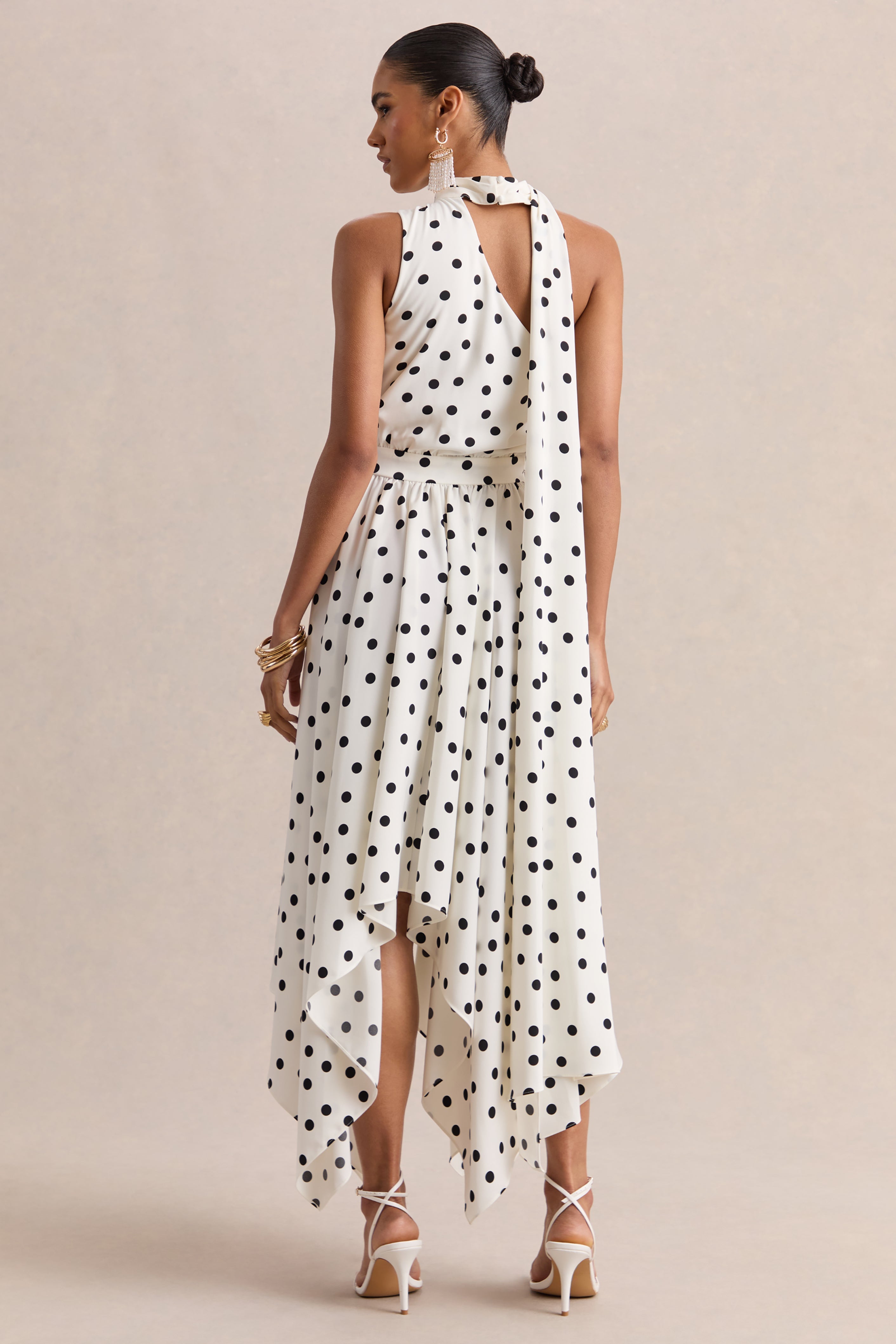 Caluna | White And Black Polka Dot Satin Asymmetric-Neck Midi Dress With Scarf-Detail