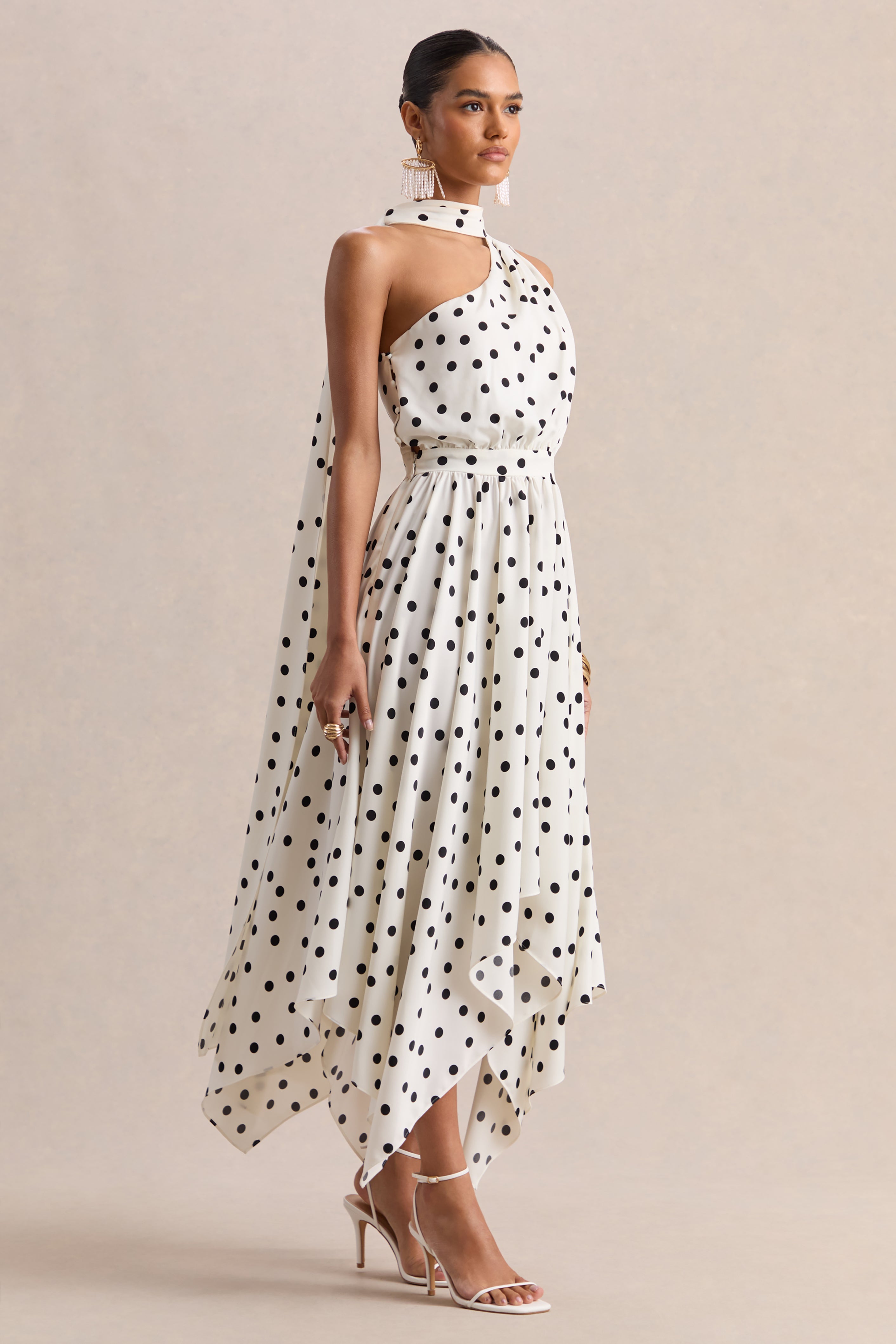 Caluna | White And Black Polka Dot Satin Asymmetric-Neck Midi Dress With Scarf-Detail
