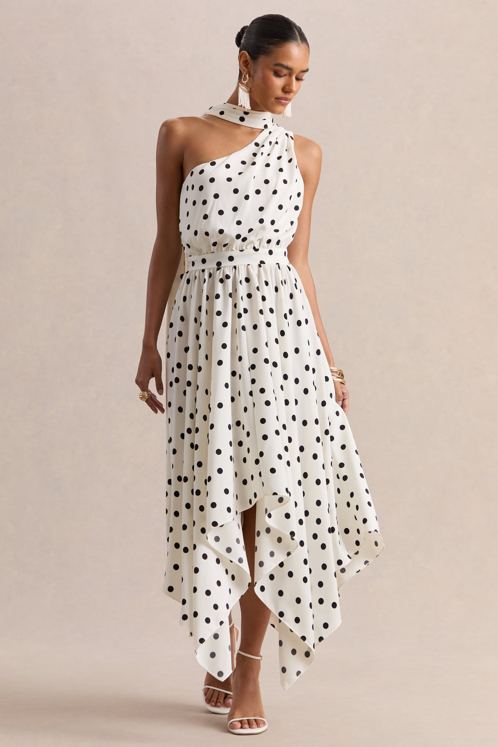 Caluna | White And Black Polka Dot Satin Asymmetric-Neck Midi Dress With Scarf-Detail
