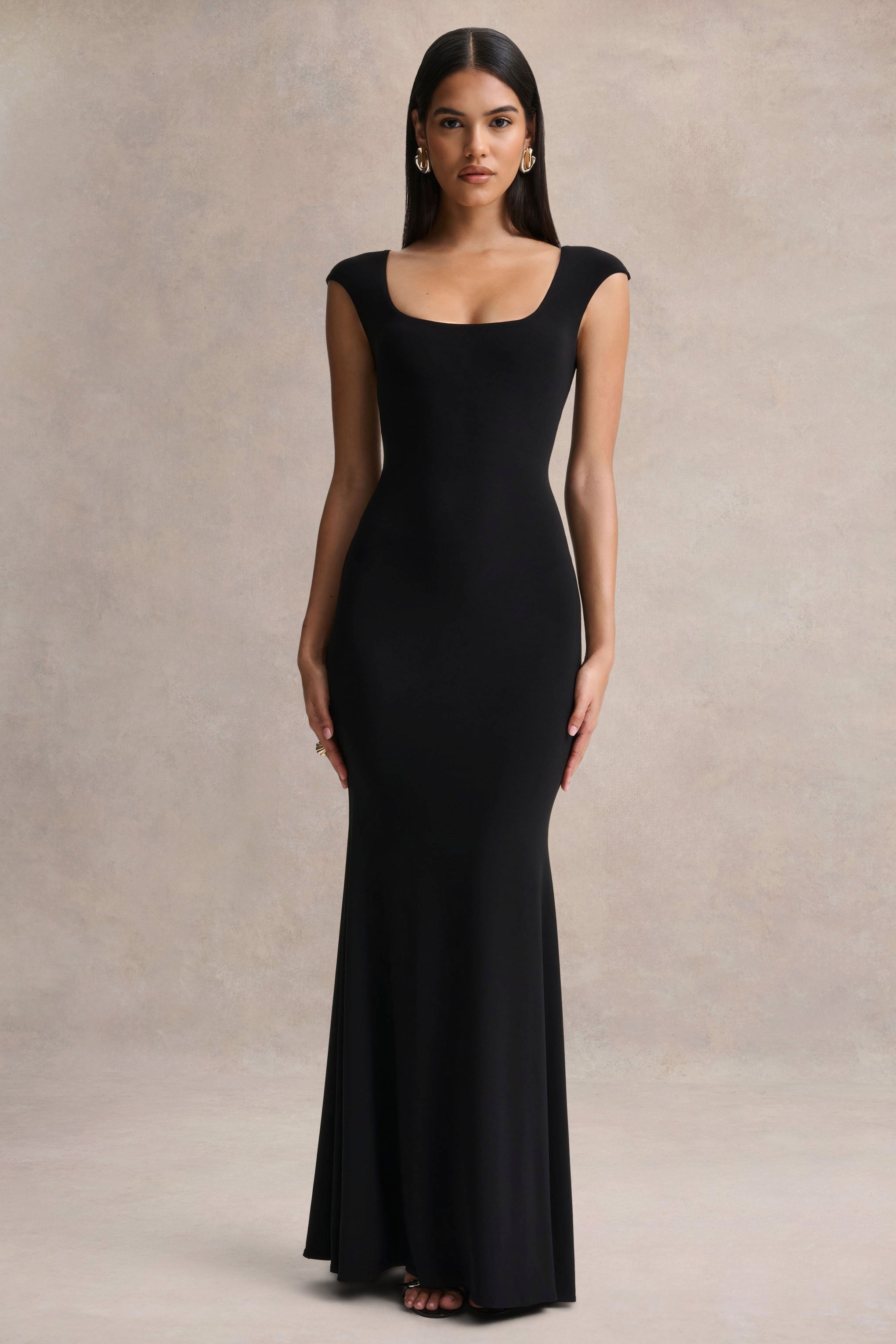 Piper | Black Square-Neck Maxi Dress With Cap-Sleeves