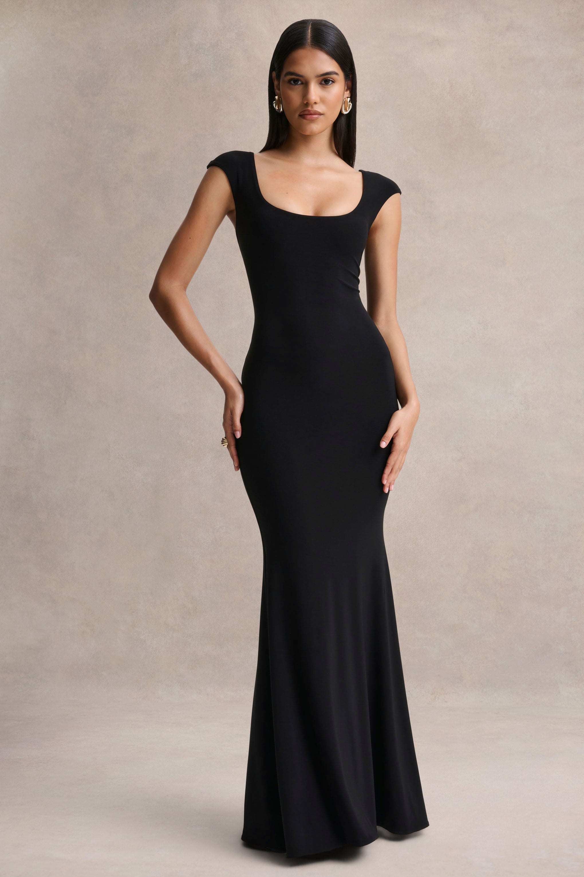 Piper | Black Square-Neck Maxi Dress With Cap-Sleeves