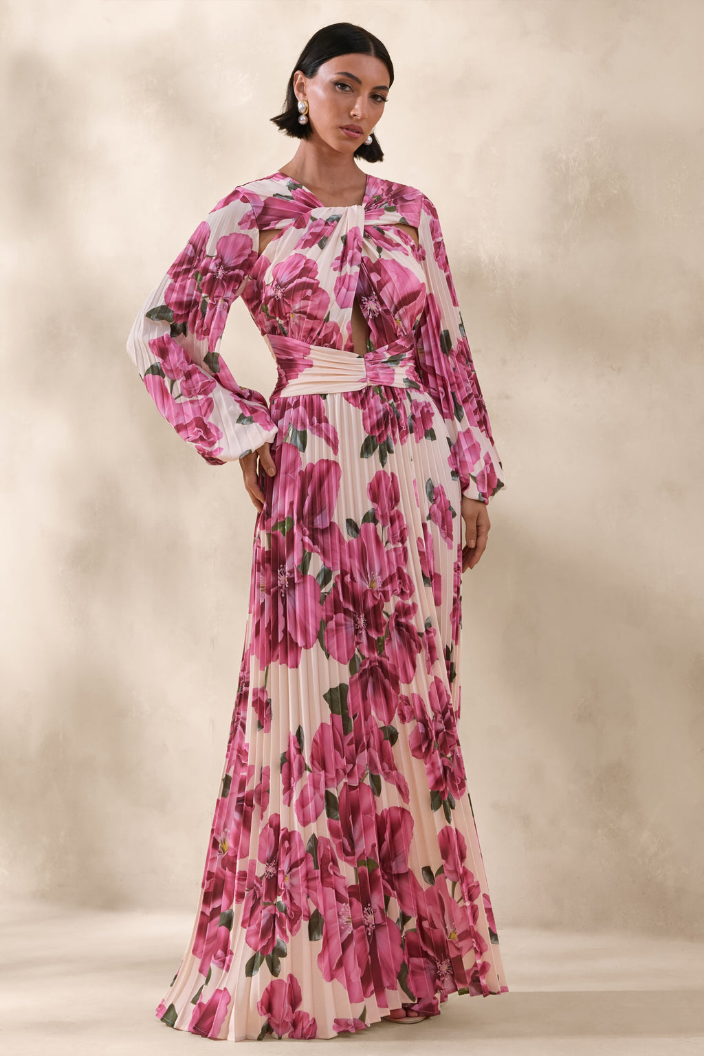 Rionna | Pink Hibiscus Print High-Neck Maxi Dress With Cut-Out Detailing