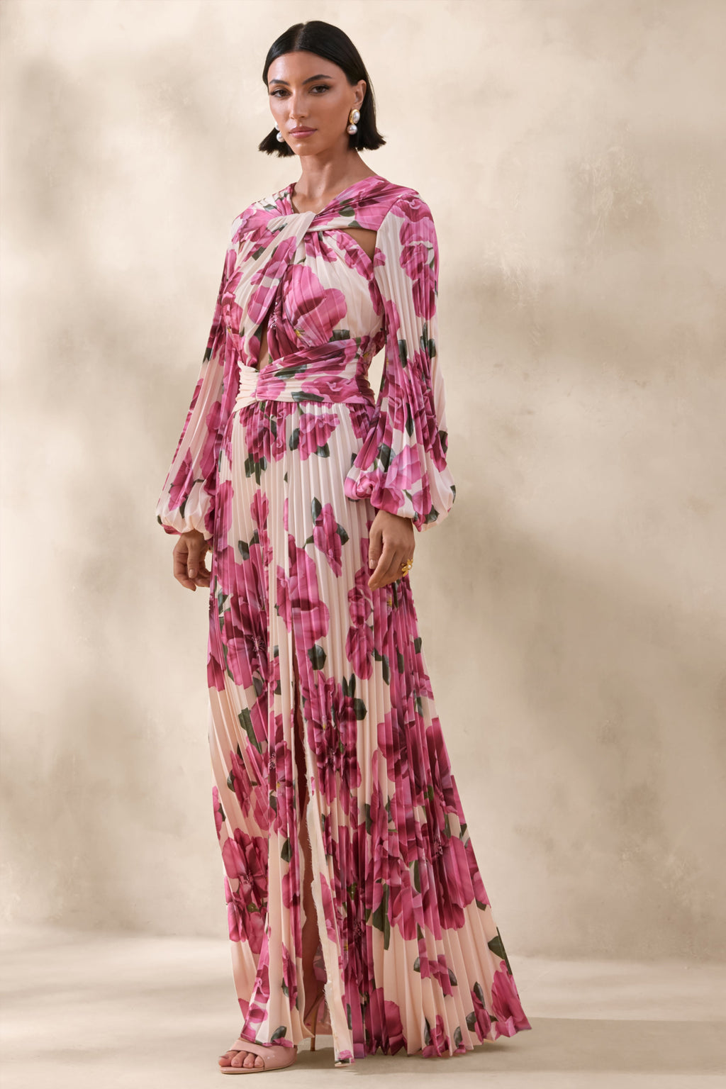 Rionna | Pink Hibiscus Print High-Neck Maxi Dress With Cut-Out Detailing