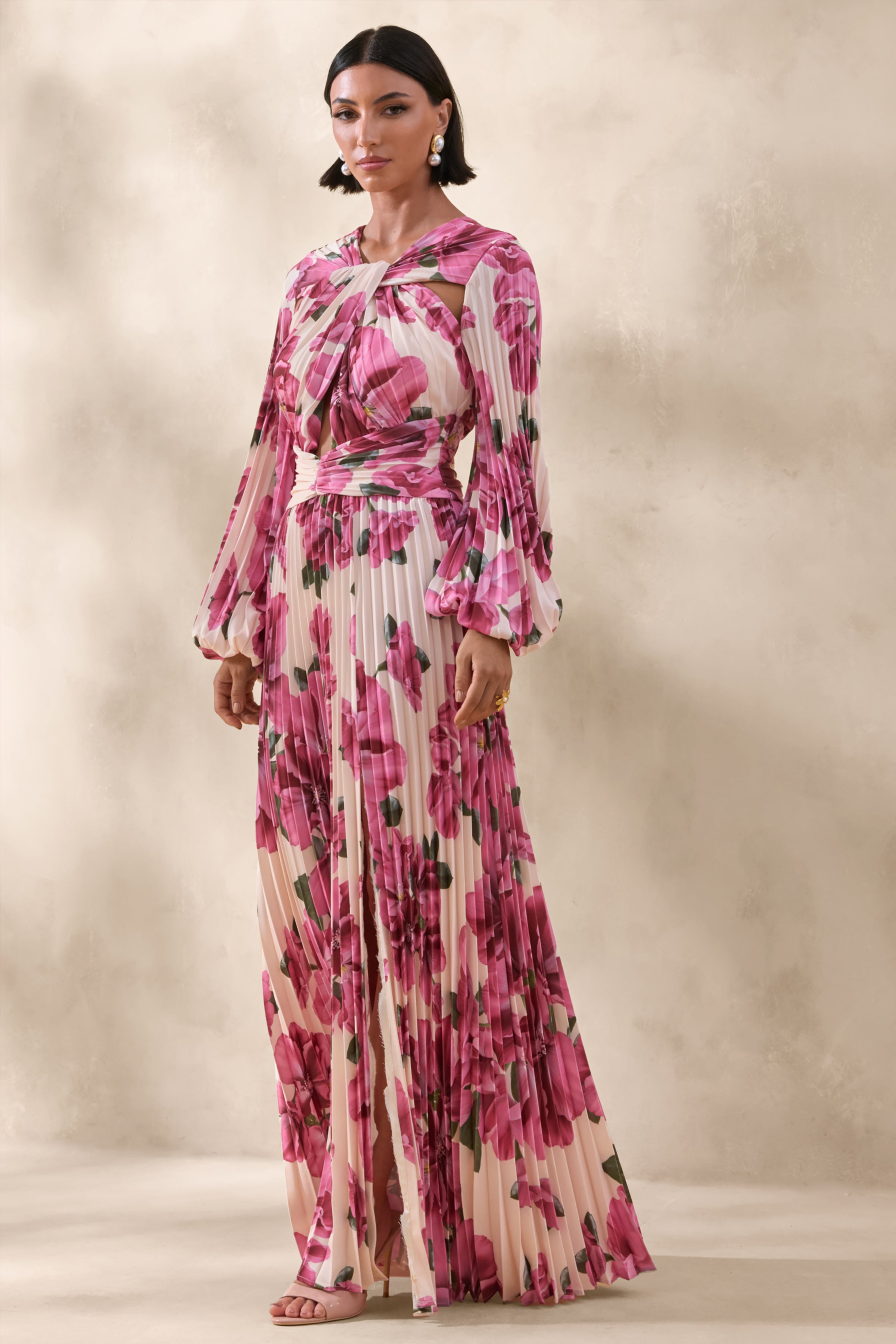 Rionna | Pink Hibiscus Print High-Neck Maxi Dress With Cut-Out Detailing