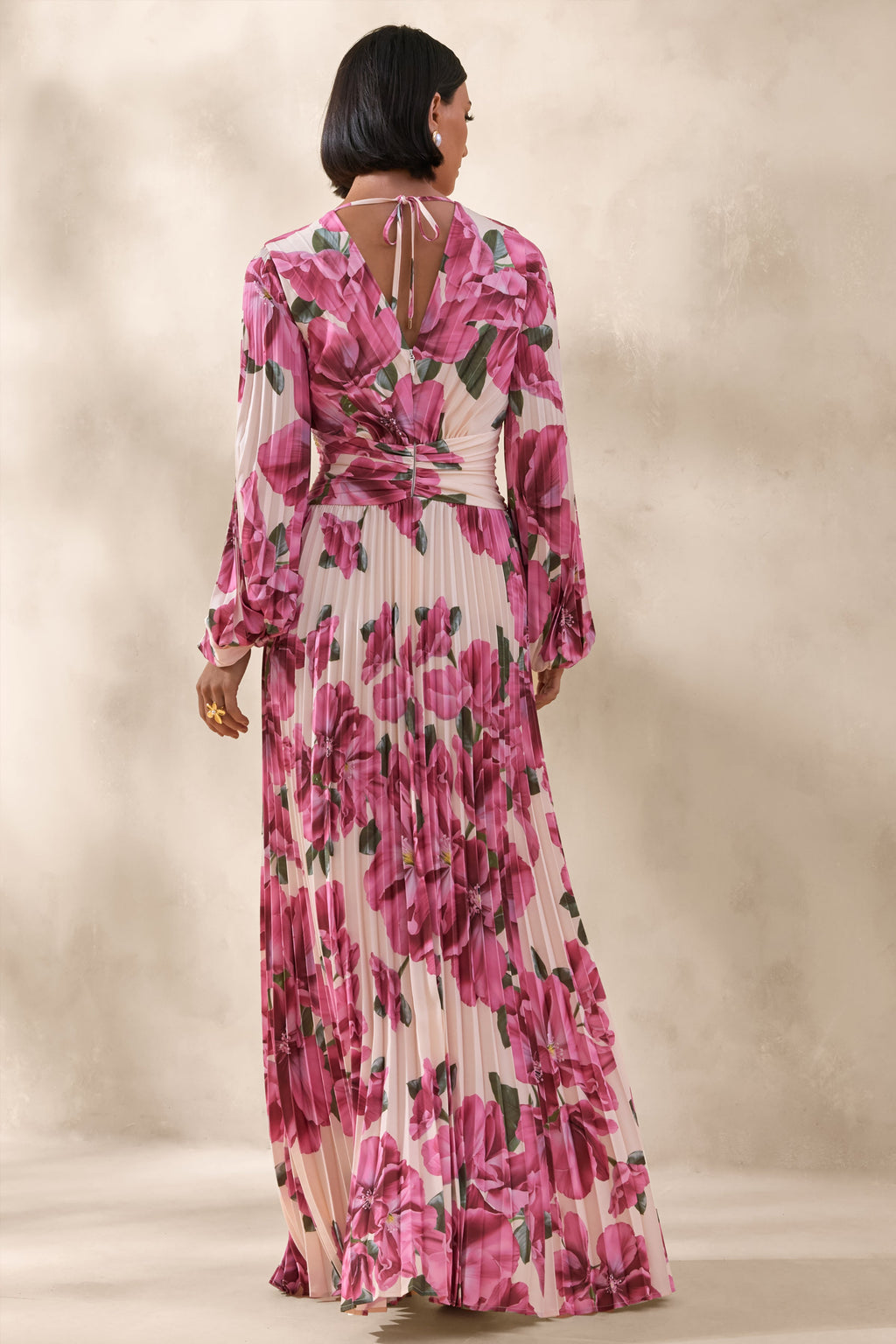 Rionna | Pink Hibiscus Print High-Neck Maxi Dress With Cut-Out Detailing