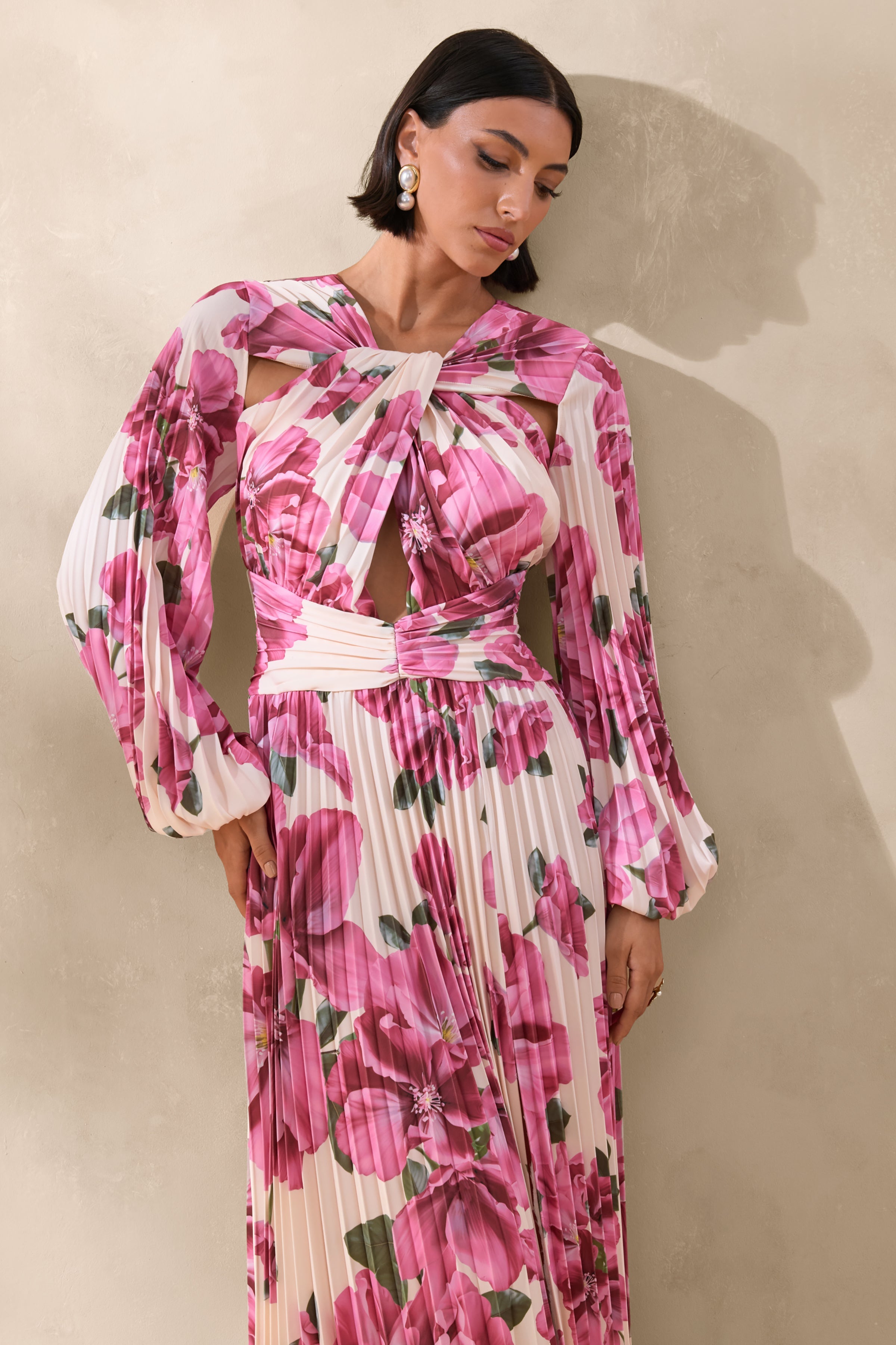 Rionna | Pink Hibiscus Print High-Neck Maxi Dress With Cut-Out Detailing