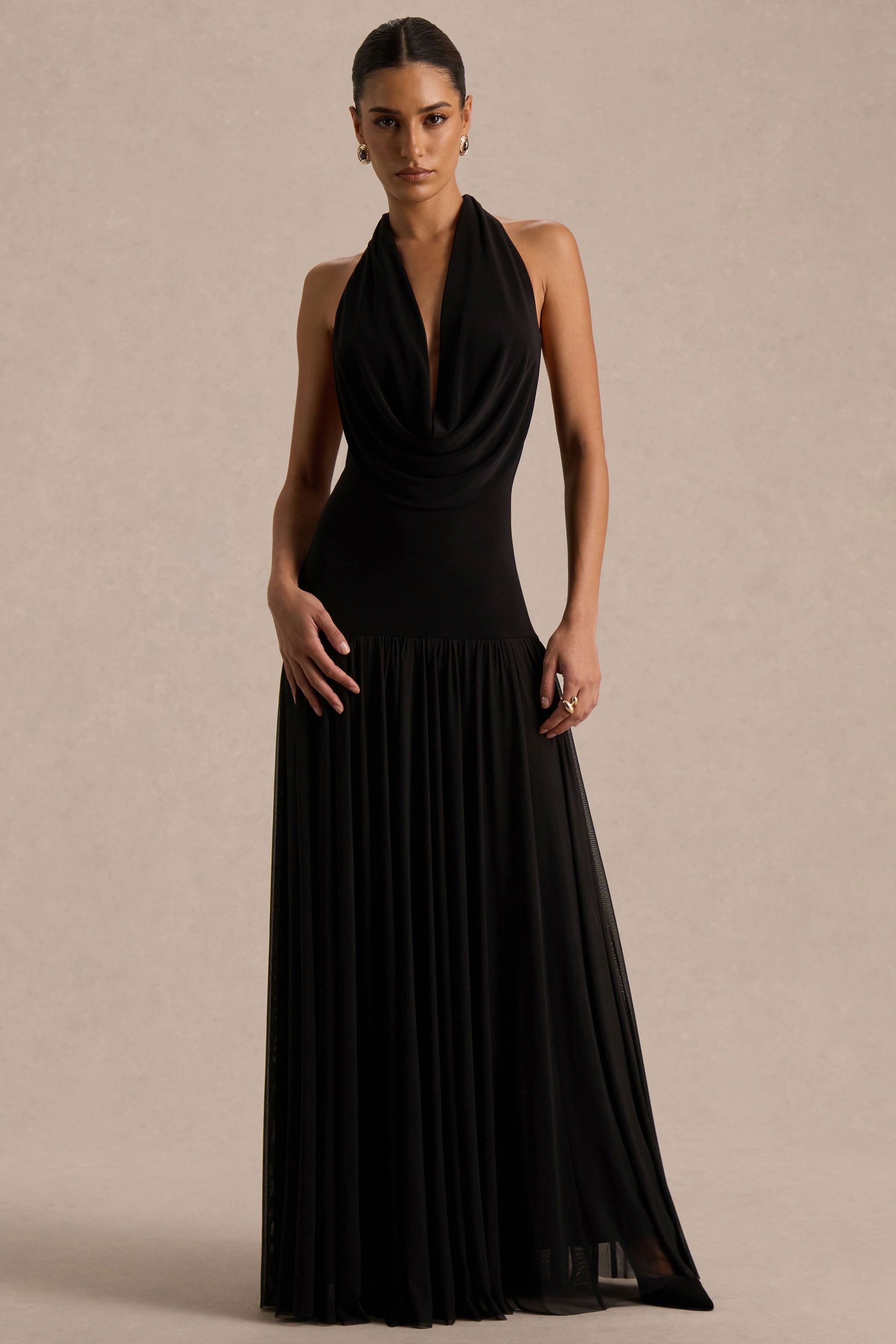 Verity | Black Cowl-Neck Maxi Dress With Sheer-Skirt