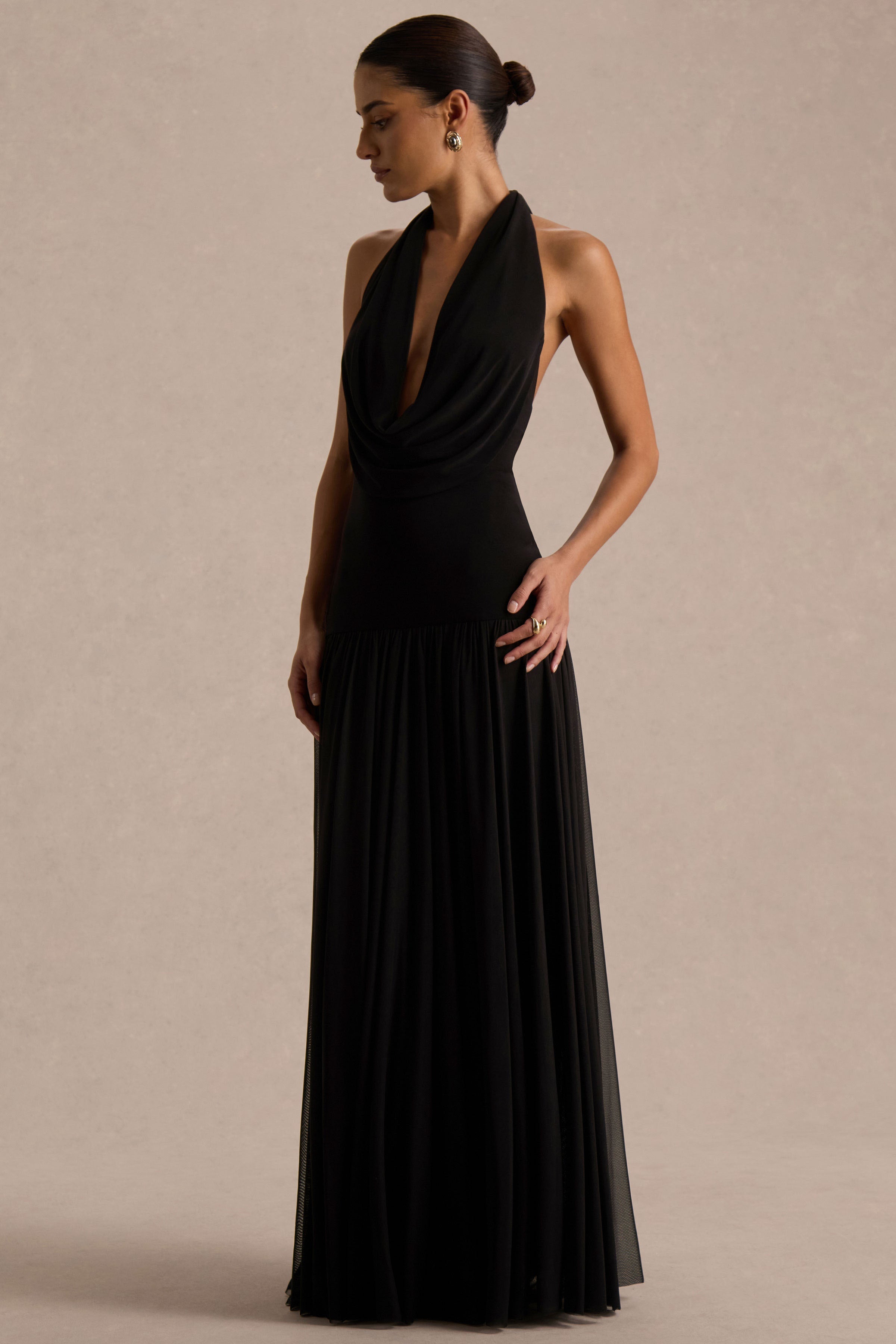 Verity | Black Cowl-Neck Maxi Dress With Sheer-Skirt