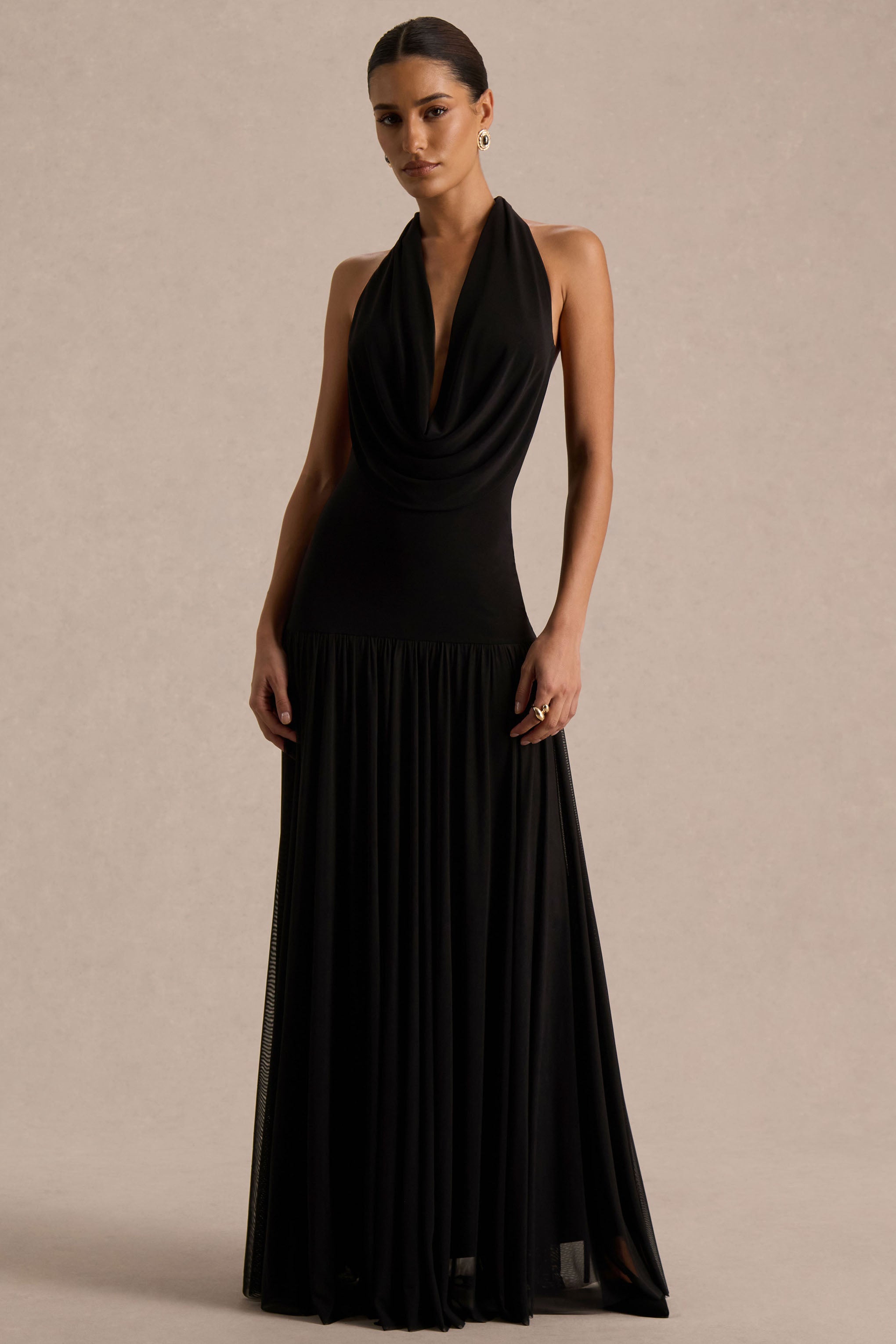 Verity | Black Cowl-Neck Maxi Dress With Sheer-Skirt