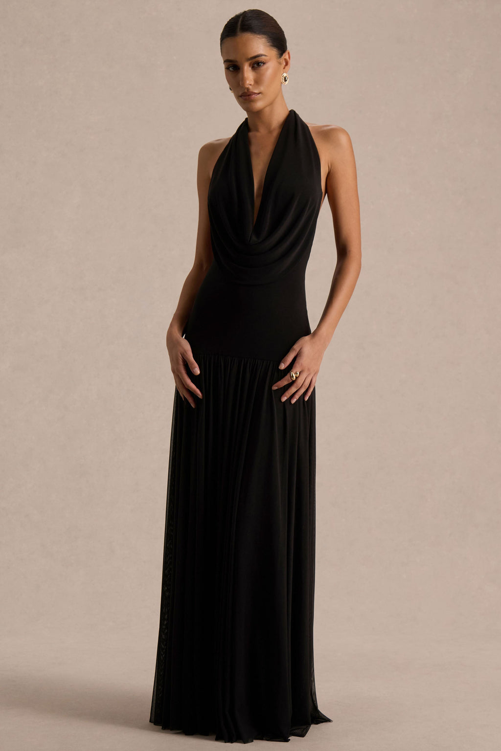 Verity | Black Cowl-Neck Maxi Dress With Sheer-Skirt