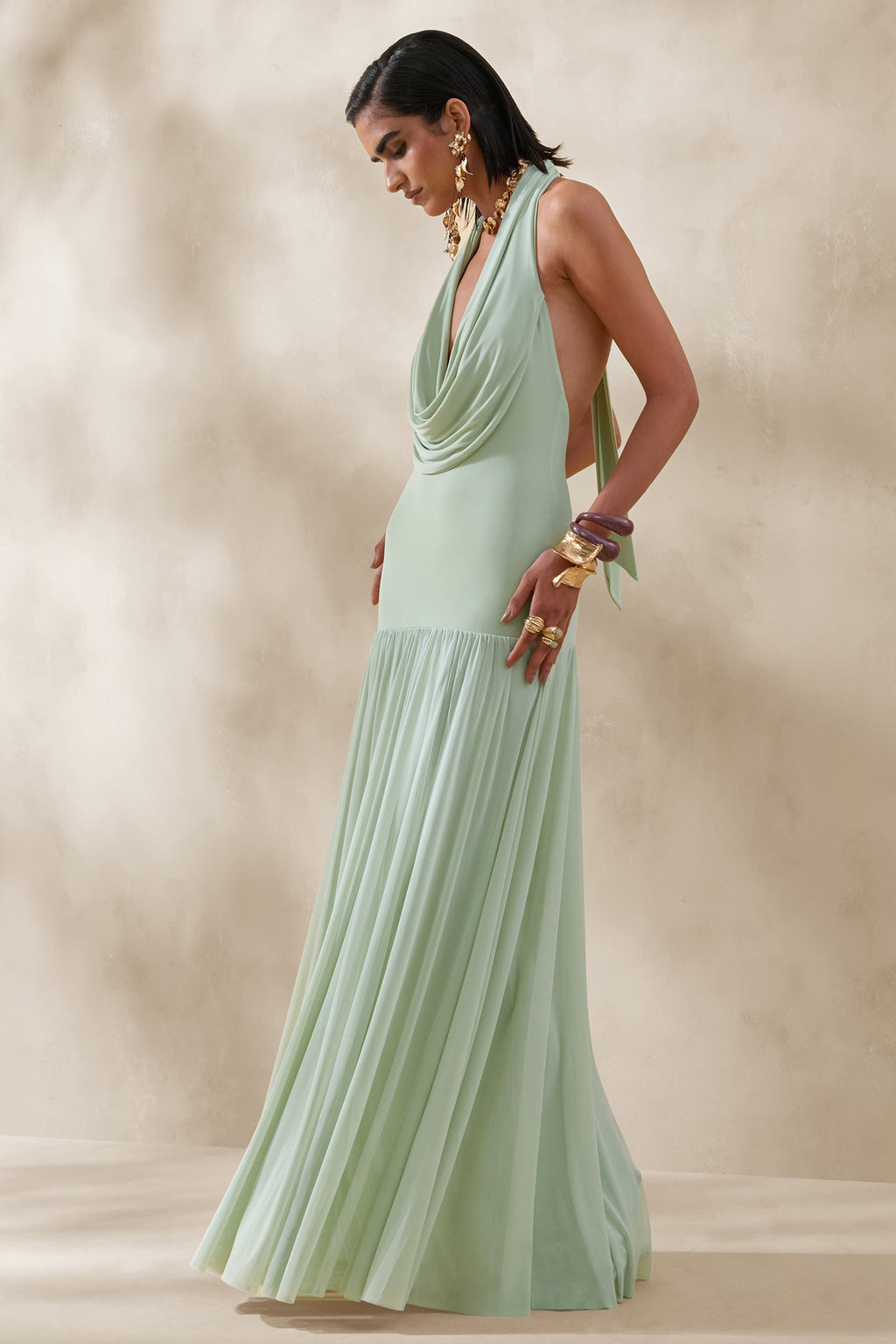 Verity | Green Cowl-Neck Maxi Dress With Sheer-Skirt