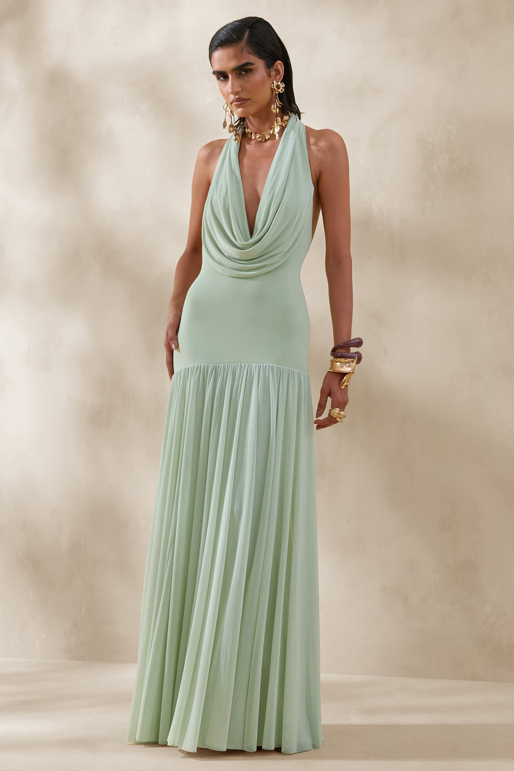 Verity | Green Cowl-Neck Maxi Dress With Sheer-Skirt