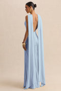 Premiere | Powder Blue Boat-Neck Maxi Dress With Cape-Sleeves And Open-Back