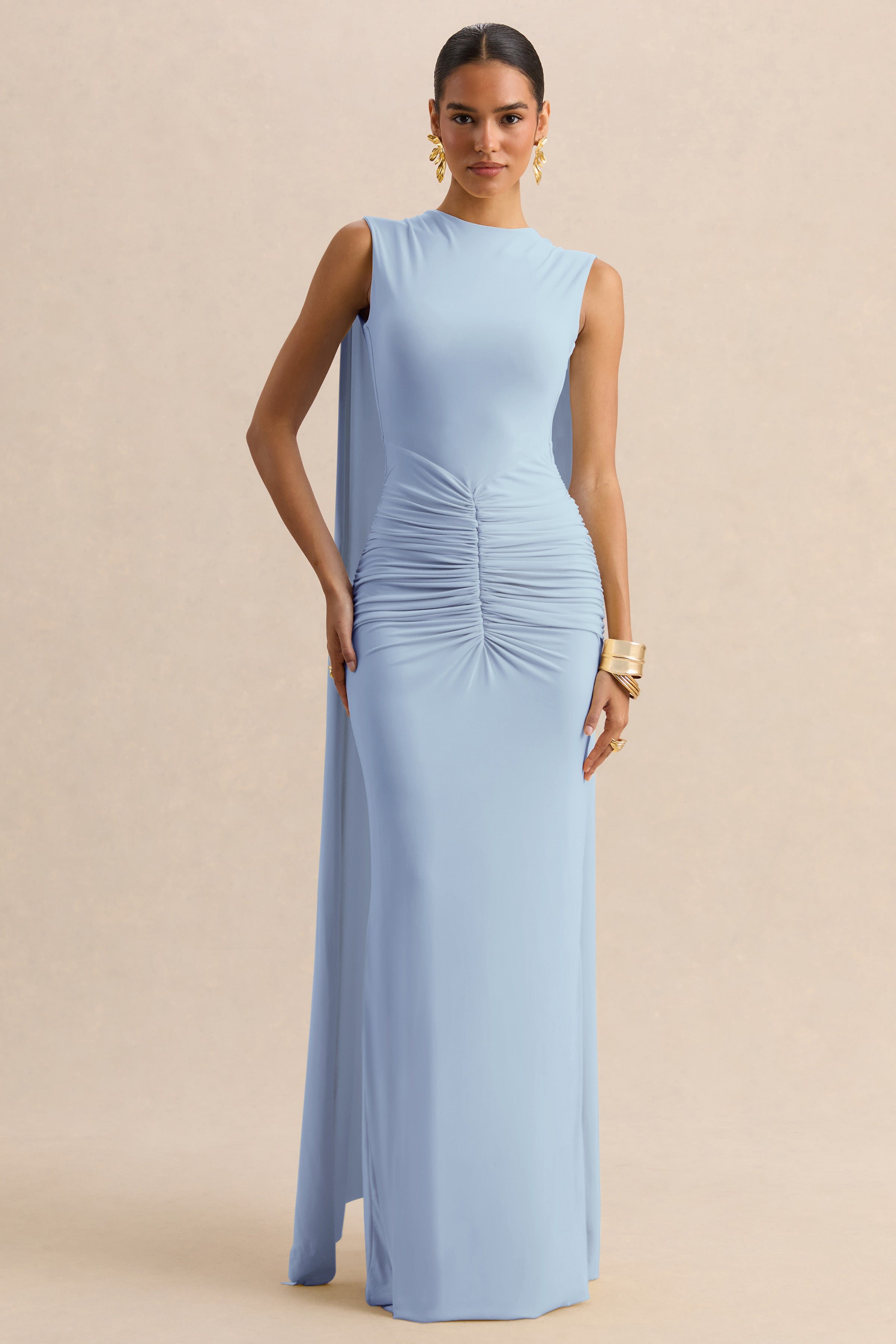Premiere | Powder Blue Boat-Neck Maxi Dress With Cape-Sleeves And Open-Back
