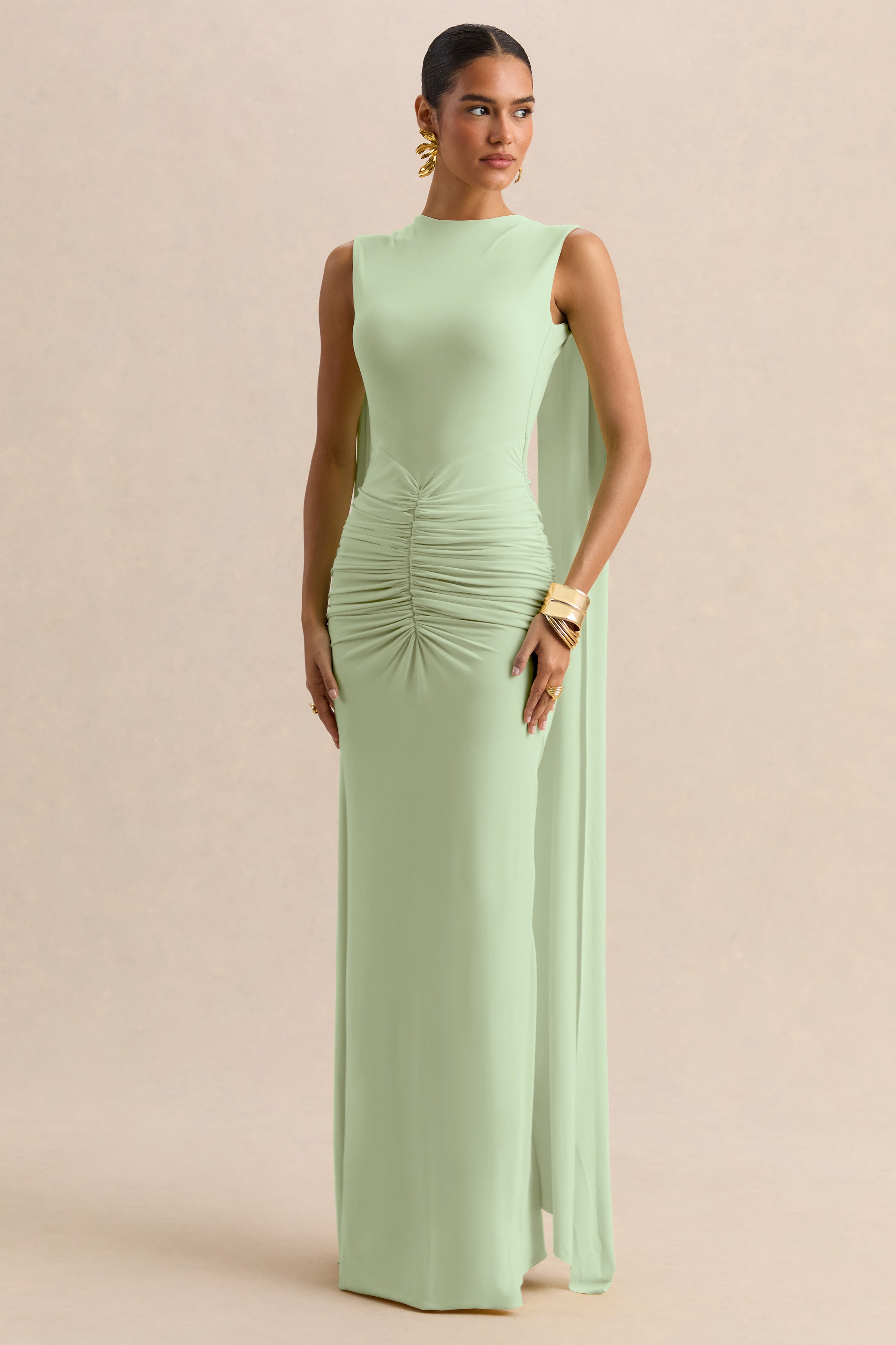 Premiere | Mint Boat-Neck Maxi Dress With Cape-Sleeves And Open-Back