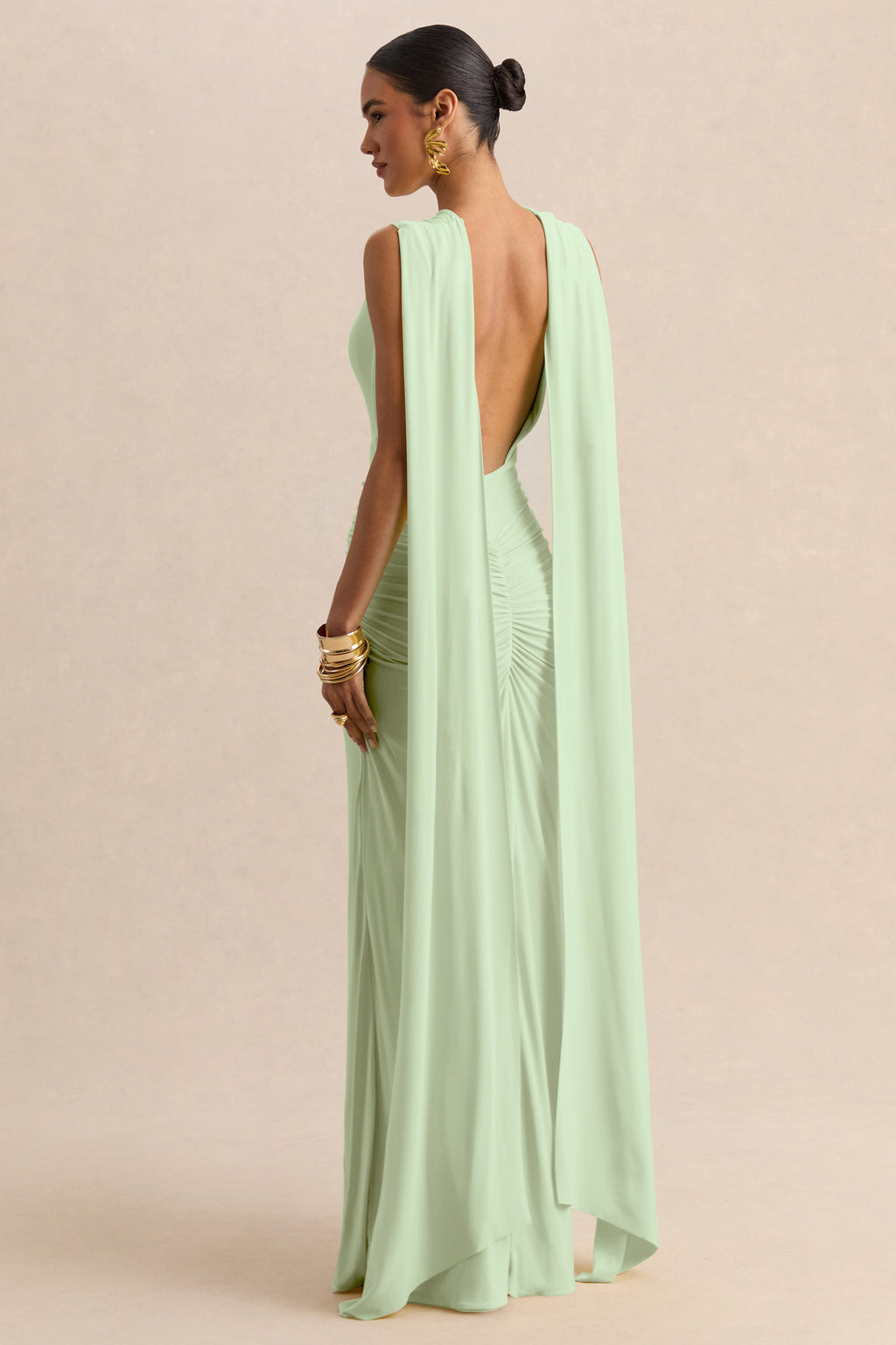 Premiere | Mint Boat-Neck Maxi Dress With Cape-Sleeves And Open-Back