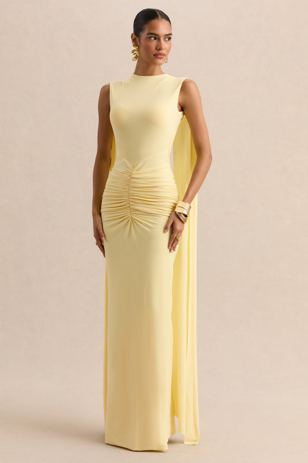 Premiere | Lemon Boat-Neck Maxi Dress With Cape-Sleeves And Open-Back