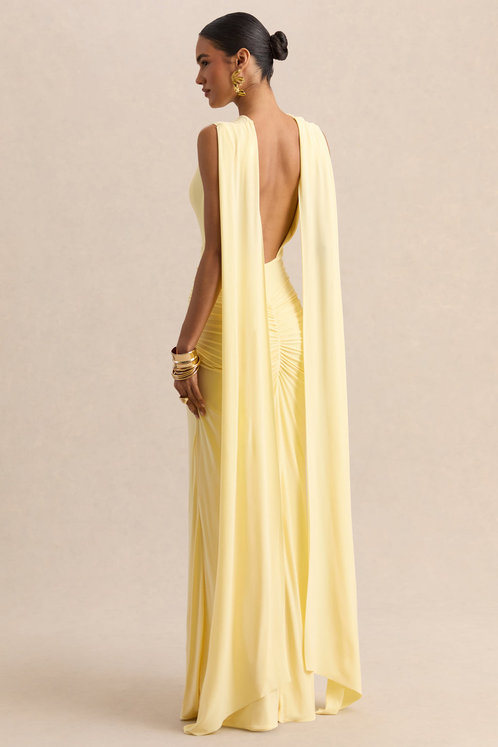 Premiere | Lemon Boat-Neck Maxi Dress With Cape-Sleeves And Open-Back