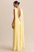 Premiere | Lemon Boat-Neck Maxi Dress With Cape-Sleeves And Open-Back