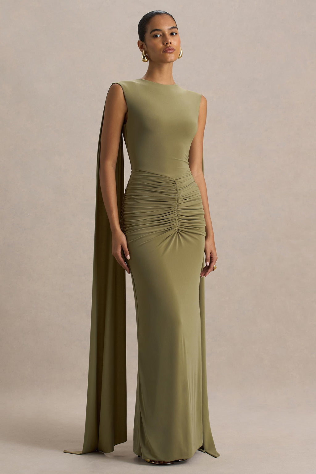 Premiere | Olive Boat-Neck Maxi Dress With Cape-Sleeves And Open-Back