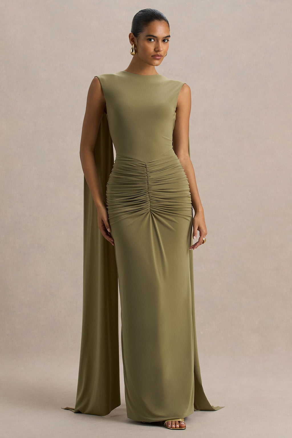 Premiere | Olive Boat-Neck Maxi Dress With Cape-Sleeves And Open-Back