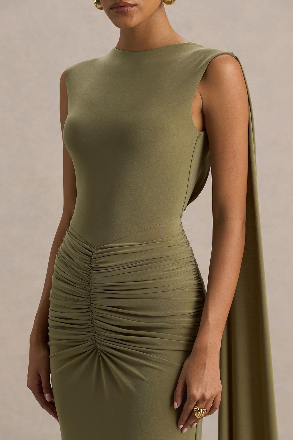 Premiere | Olive Boat-Neck Maxi Dress With Cape-Sleeves And Open-Back