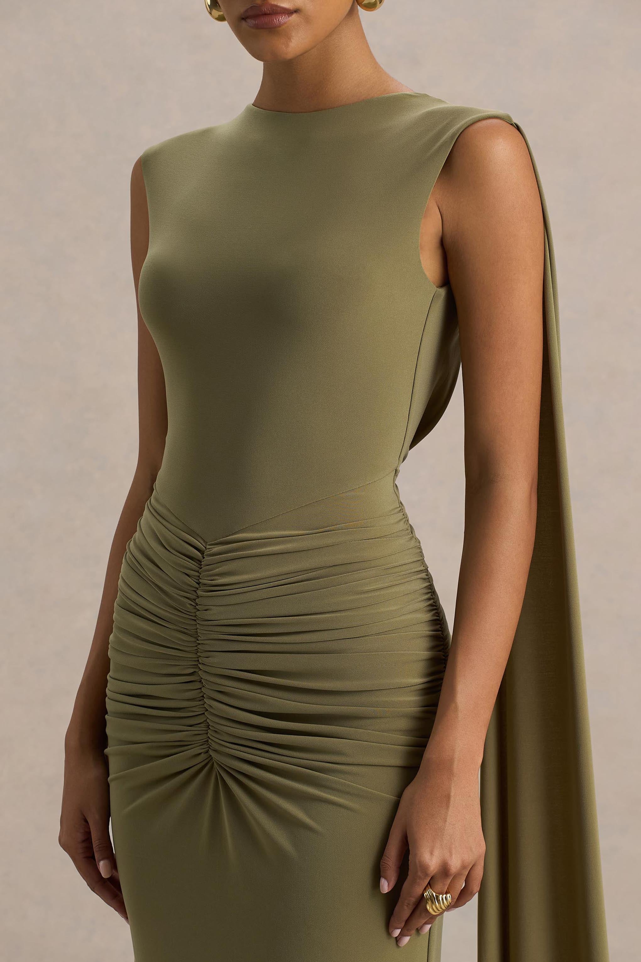 Premiere | Olive Boat-Neck Maxi Dress With Cape-Sleeves And Open-Back