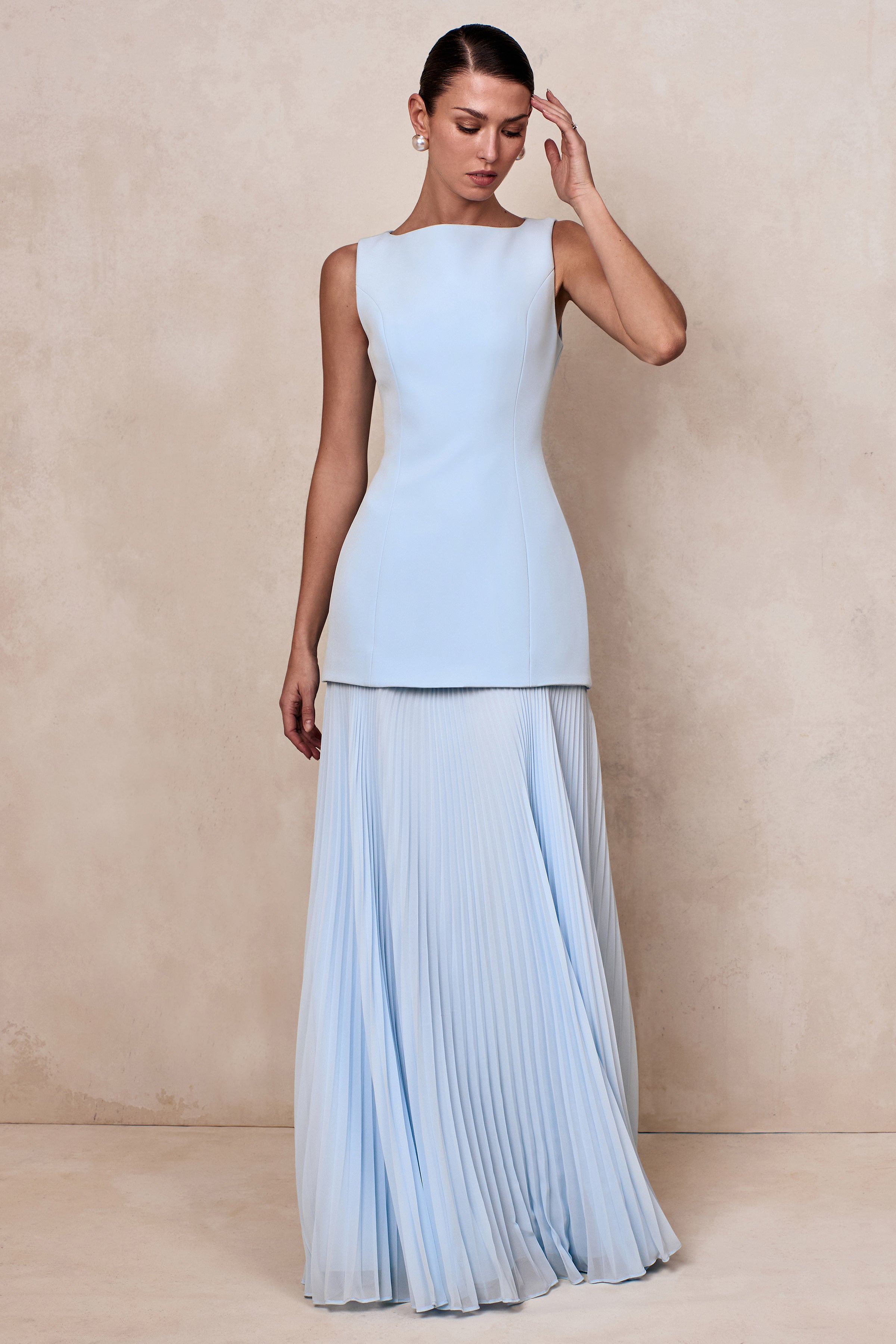 Hadley | Powder Blue Boat-Neck Maxi Dress With Drop-Waist