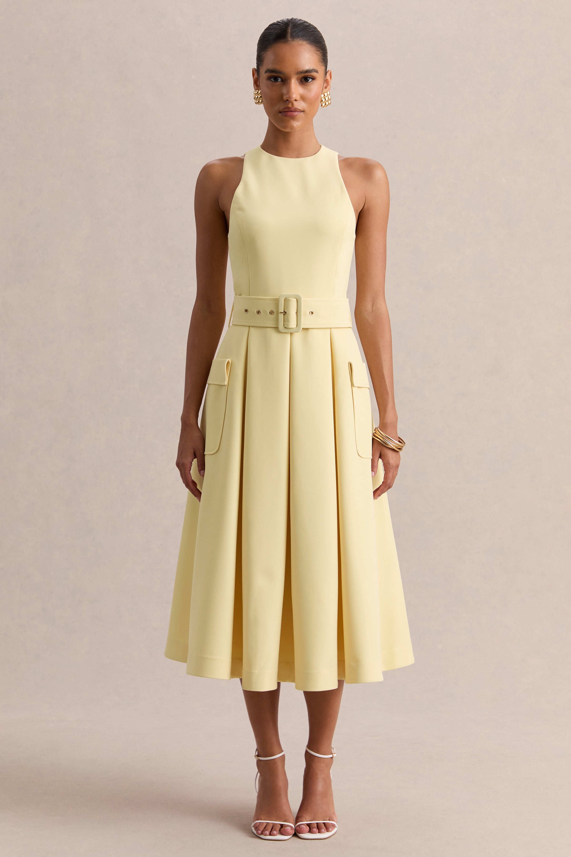 Magnora | Lemon Crew-Neck Belted Midi Dress