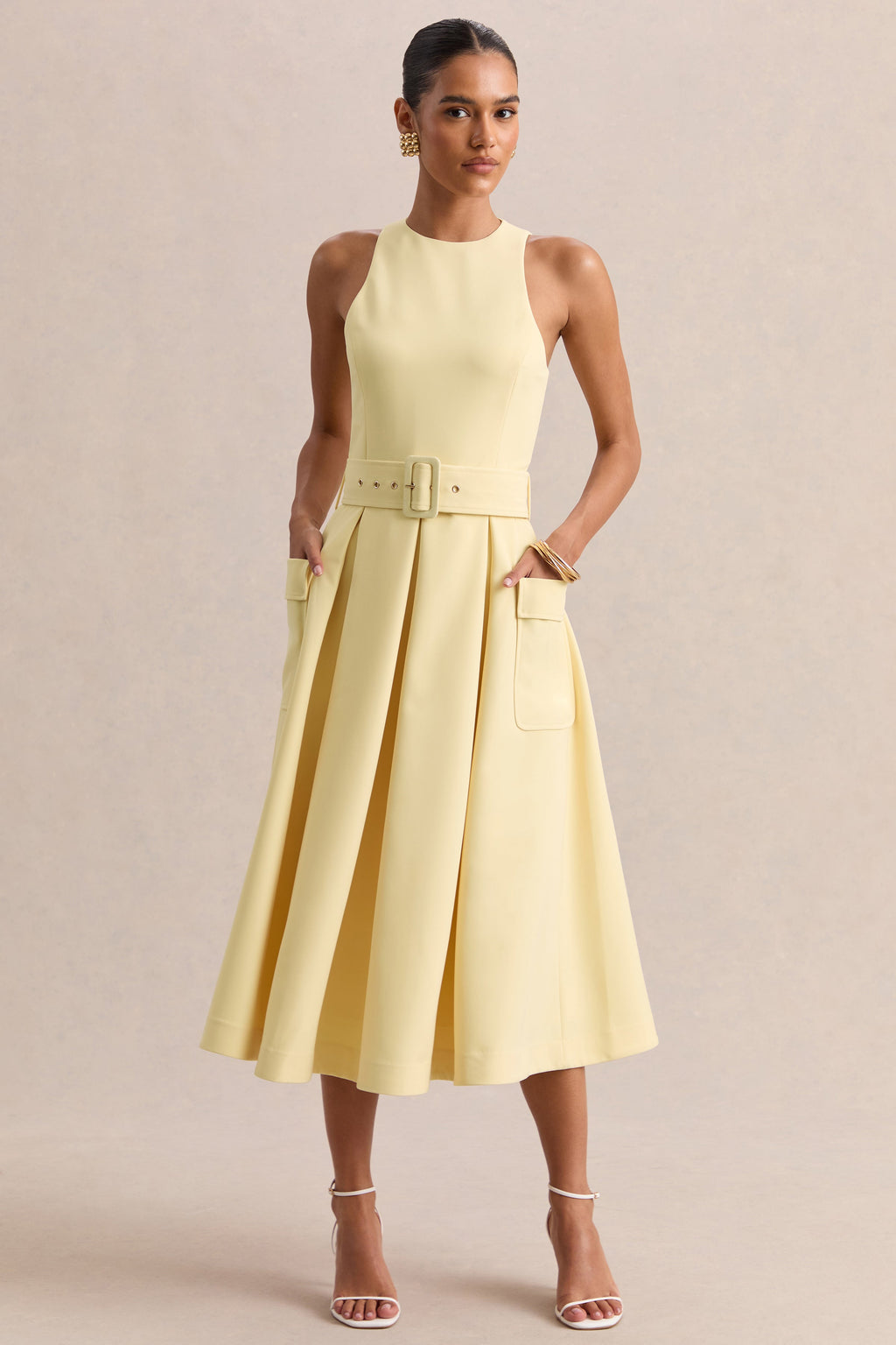 Magnora | Lemon Crew-Neck Belted Midi Dress