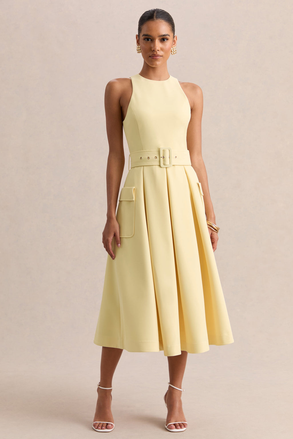 Magnora | Lemon Crew-Neck Belted Midi Dress
